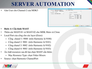 22
SERVER AUTOMATION
• Gán User cho Channel-2 của MDK5
• Bước 4: Cấu hình MAST
• Thêm các MAST-01 và MAST-02 cho MDK Main và Clone
• Local Port của cổng cho các layer (Etere)
– Cổng chanel 1: 9000 (trên Harmonic là 9100)
– Cổng chanel 2: 9001 (trên Harmonic là 9101)
– Cổng chanel 3: 9002 (trên Harmonic là 9102)
– Cổng chanel 4: 9003 (trên Harmonic là 9103)
• Ấn Add resources sau đó lựa chọn MAST cần thêm:
– Mục Resource Type: chọn Video Mixers
• Source: chọn Harmonic ChannelPort
 