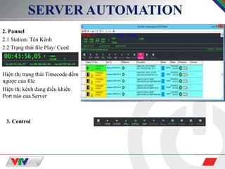 7
SERVER AUTOMATION
2. Pannel
2.1 Station: Tên Kênh
2.2 Trạng thái file Play/ Cued
Hiện thị trạng thái Timecode đếm
ngược của file
Hiện thị kênh đang điều khiển
Port nào của Server
3. Control
 