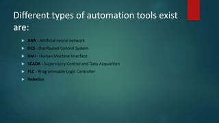 Different types of automation tools exist 
are: 
 ANN - Artificial neural network 
 DCS - Distributed Control System 
 HMI - Human Machine Interface 
 SCADA - Supervisory Control and Data Acquisition 
 PLC - Programmable Logic Controller 
 Robotics 
 