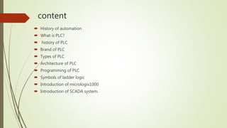 content
 History of automation
 What is PLC?
 history of PLC
 Brand of PLC
 Types of PLC
 Architecture of PLC
 Programming of PLC
 Symbols of ladder logic
 Introduction of micrologix1000
 Introduction of SCADA system.
 