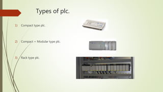 Types of plc.
1) Compact type plc.
2) Compact + Modular type plc.
3) Rack type plc.
 