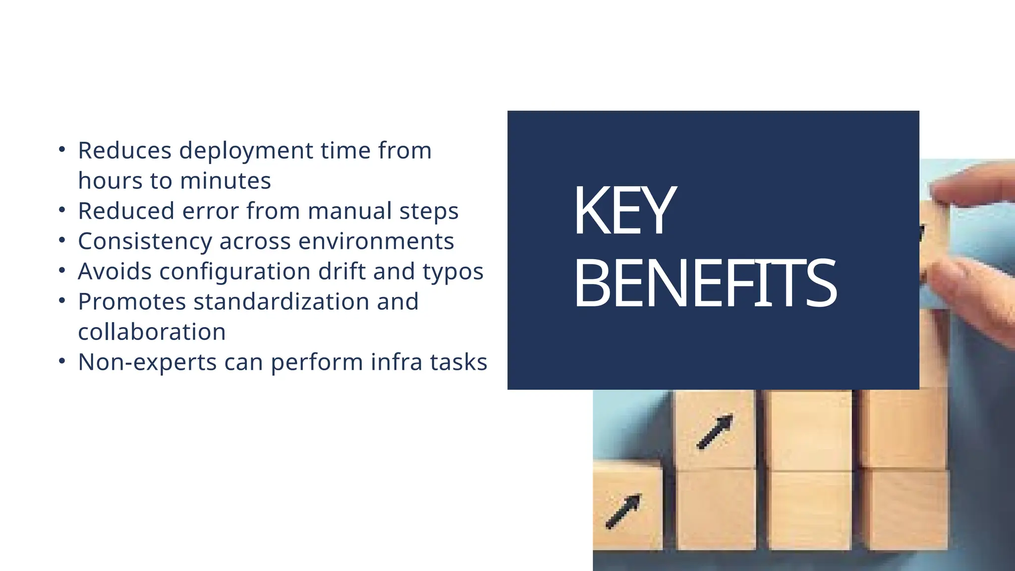 KEY BENEFITS • Reduces deployment time from hours to minutes • Reduced error from manual steps • Consistency across environments • Avoids configuration drift and typos • Promotes standardization and collaboration • Non-experts can perform infra tasks 