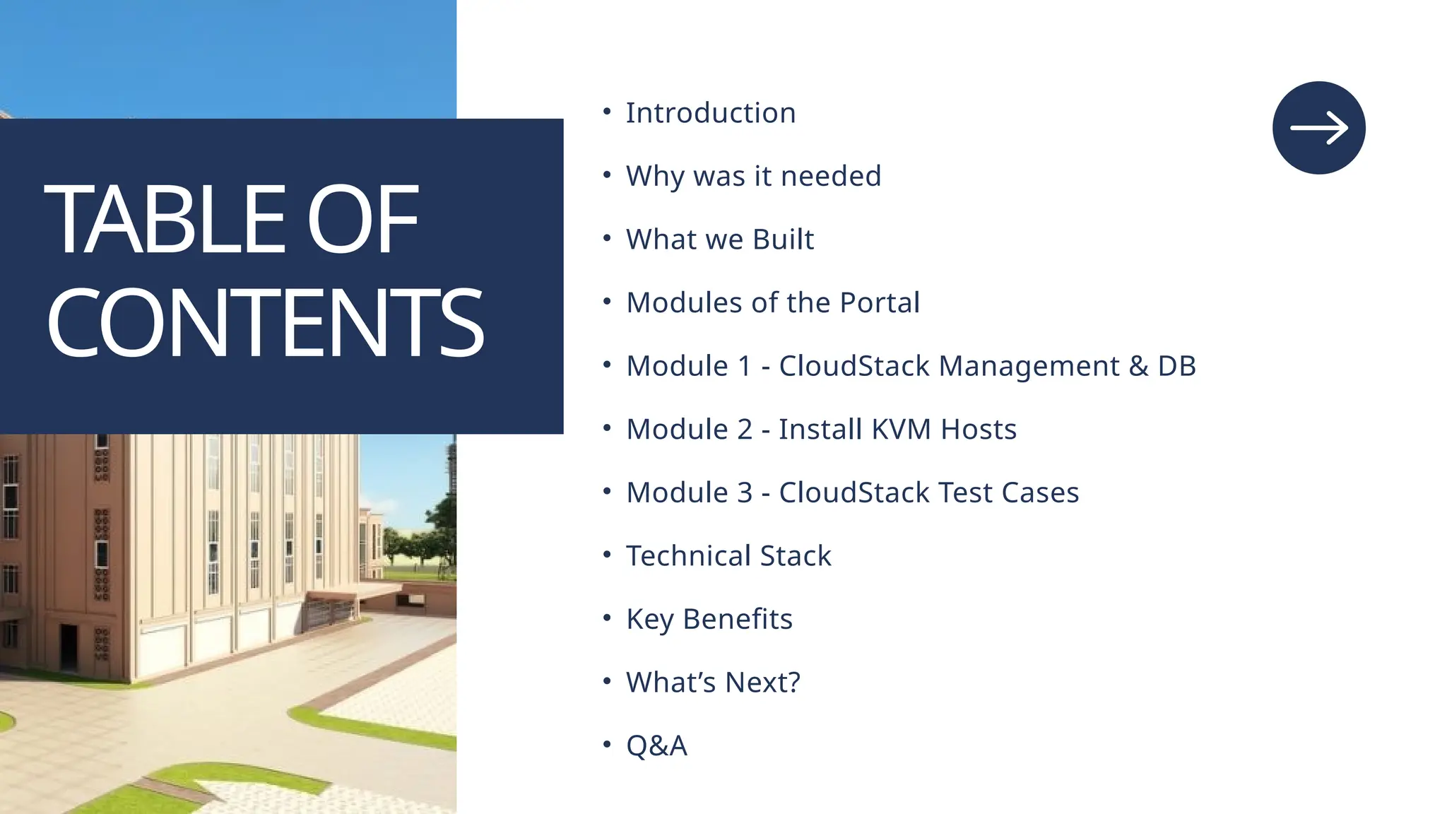 • Introduction • Why was it needed • What we Built • Modules of the Portal • Module 1 - CloudStack Management & DB • Module 2 - Install KVM Hosts • Module 3 - CloudStack Test Cases • Technical Stack • Key Benefits • What’s Next? • Q&A TABLEOF CONTENTS 