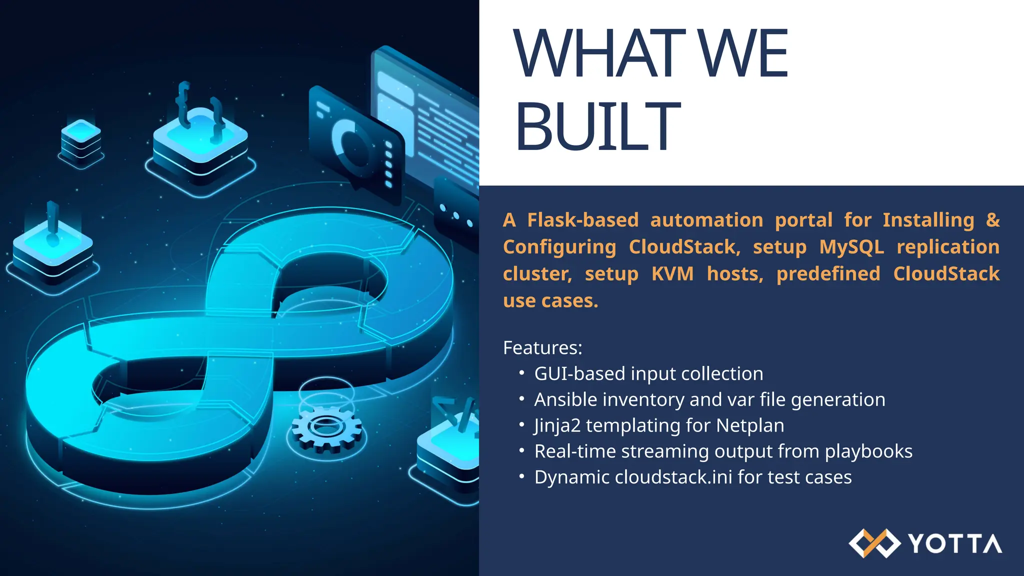 WHATWE BUILT A Flask-based automation portal for Installing & Configuring CloudStack, setup MySQL replication cluster, setup KVM hosts, predefined CloudStack use cases. Features: • GUI-based input collection • Ansible inventory and var file generation • Jinja2 templating for Netplan • Real-time streaming output from playbooks • Dynamic cloudstack.ini for test cases 