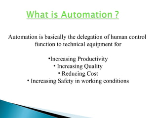 Automation is basically the delegation of human control
function to technical equipment for
•Increasing Productivity
• Increasing Quality
• Reducing Cost
• Increasing Safety in working conditions
 