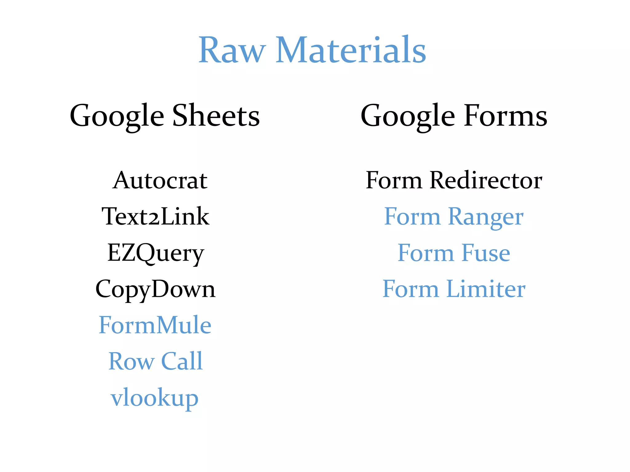 Raw Materials
Google Sheets Google Forms
Autocrat
Text2Link
Form Redirector
EZQuery
CopyDown
Form Ranger
Form Fuse
Form Limiter
FormMule
Row Call
vlookup
 