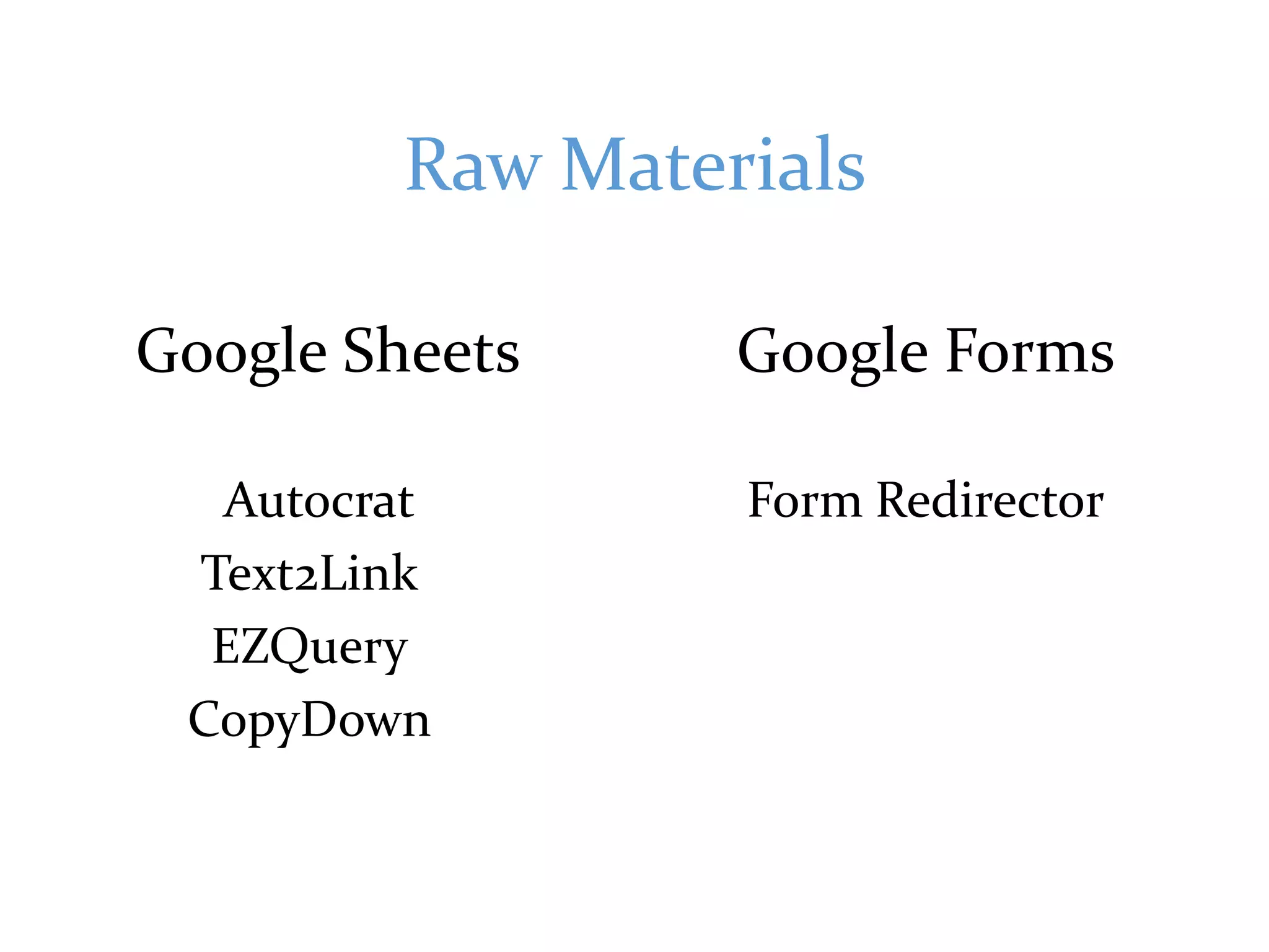 Raw Materials
Google Sheets Google Forms
Autocrat
Text2Link
Form Redirector
EZQuery
CopyDown
 