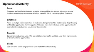 6
Prove:
Processes are identified and there is a need to prove that RPA can address pain points or solve
problems either through incremental wins from the Quick Win or Low Hanging Fruit Quadrants.
Establish:
Focus on multiple processes instead of single wins. Components of the model evolve. Begin focusing
on Must Do opportunities from the pipeline. Witness a move from individual-centric opportunities for
automation towards business unit, team or departmental.
Expand:
Spread to more business units. KPIs are established and staff is upskilled. Long Term Improvements
or Cross-functional opportunities
Scale:
CoE can serve a wide range of needs while the AOM reaches maturity.
Operational Maturity
 
