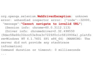 org.openqa.selenium.WebDriverException: unknown
error: unhandled inspector error: {"code":-32000,
"message":"Cannot navigate to invalid URL"}
(Session info: chrome=60.0.3112.113)
(Driver info: chromedriver=2.32.498550
(9dec58e66c31bcc53a9ce3c7226f0c1c5810906a),platfo
rm=Windows NT 6.1.7601 SP1 x86_64) (WARNING: The
server did not provide any stacktrace
information)
Command duration or timeout: 0 milliseconds
...
 