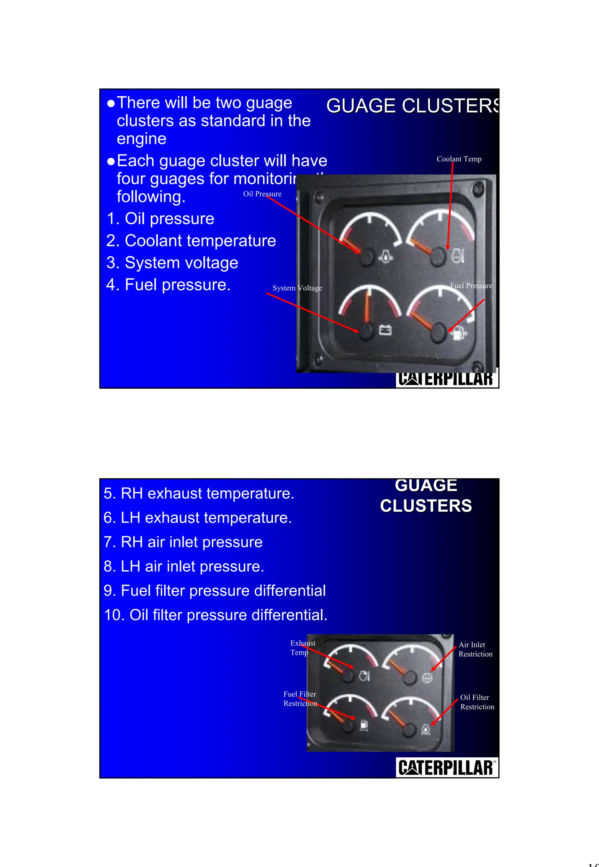 10
GUAGE CLUSTERS
GUAGE CLUSTERS
!There will be two guage
clusters as standard in the
engine
!Each guage cluster will have
four guages for monitoring the
following.
1. Oil pressure
2. Coolant temperature
3. System voltage
4. Fuel pressure.
Oil Pressure
System Voltage
Coolant Temp
Fuel Pressure
5. RH exhaust temperature.
6. LH exhaust temperature.
7. RH air inlet pressure
8. LH air inlet pressure.
9. Fuel filter pressure differential
10. Oil filter pressure differential.
Exhaust
Temp
Fuel Filter
Restriction
Air Inlet
Restriction
Oil Filter
Restriction
GUAGE
GUAGE
CLUSTERS
CLUSTERS
 