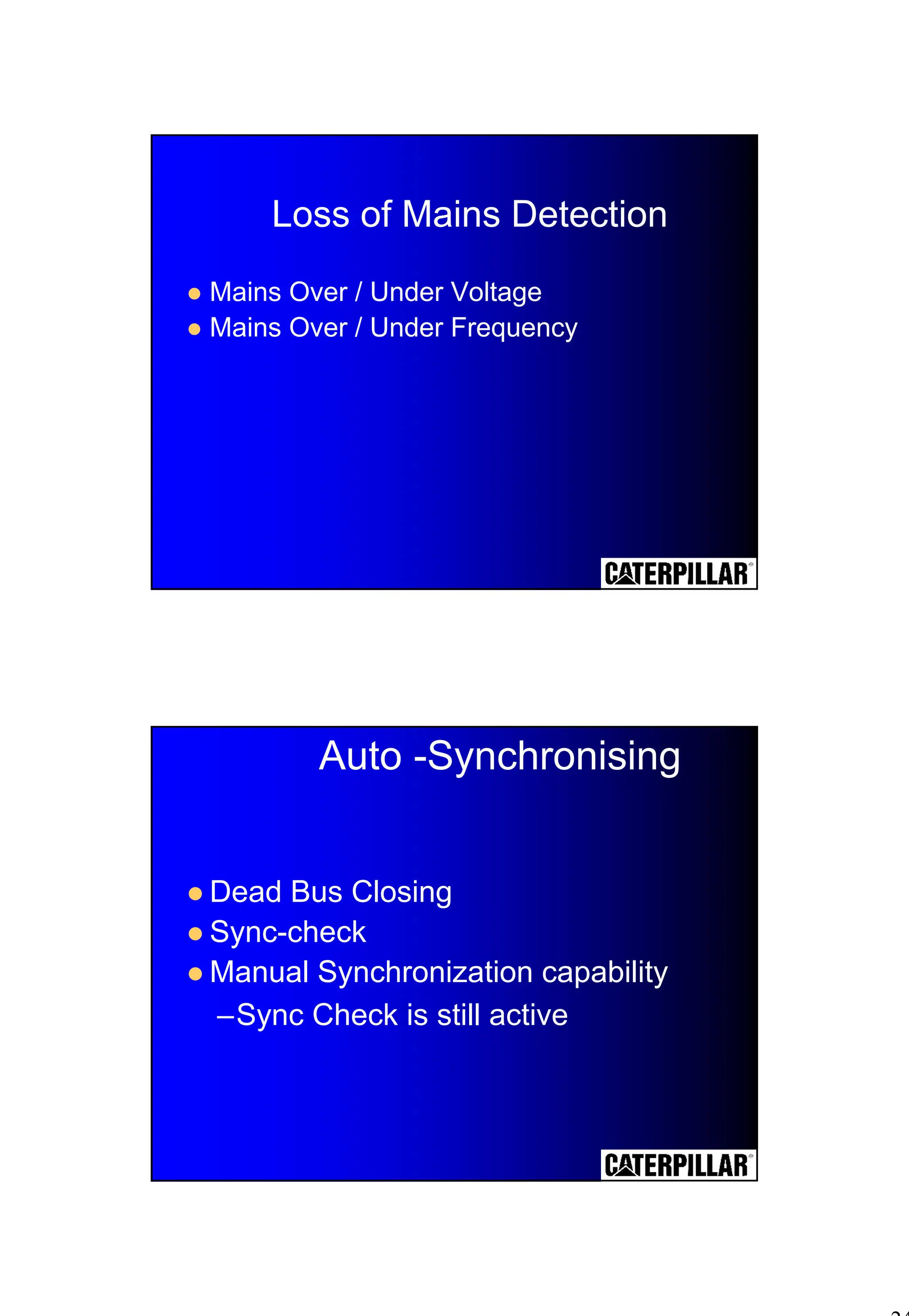 24
Loss of Mains Detection
! Mains Over / Under Voltage
! Mains Over / Under Frequency
! Dead Bus Closing
! Sync-check
! Manual Synchronization capability
–Sync Check is still active
Auto -Synchronising
 