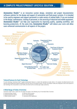 A COMPLETE PROJECT/PRODUCT LIFECYCLE SOLUTION ...

  Automation Studio™ is an innovative system design, simulation and project documentation
  software solution for the design and support of automation and fluid power systems. It is intended
  to be used by engineers and support personnel in a wide variety of related fields. If you are involved
  in the design, maintenance, training of personnel, or the servicing of industrial and mobile equipment,
  Automation Studio™ can help your organization by improving quality, speeding workflow, and
  boosting productivity. At the same time, Automation Studio™ will reduce your costs and allow
  users enhanced communication in all aspects of the project.

                       Construction •
                Manufacturing •
Transmission & Distribution •
   Aviation & Aerospace •
      Marine & Subsea •
                                                    Hydraulics Proportional & Servo
              Military •                                               Hydraulics
    Material Handling •                  Electrical                            Pneumatics
                                                               N STUD
                                                       M ATIO          IO
                                 Electrical         TO                             Fluid Power & Electrical
                                                                                                         •

                                                                                      Component Sizing
                                                                                    U




                                  Controls
                                                                        T UD IO • A




                                                        Trade-Oriented
                                                                                                             AUT


                                                                                          CAD
                                  OPC Client (Canbus)
                                                                                                             OMA T ION


                                                                                                                           Spool & Pump
                                   I/O Interface Kit                               Project      Simulation                   Designer
                                                                                Documentation
                                                                     NS




                             Sequential Function Chart                                                                   Bill of Material
                                                                                                            ST
                                                                  IO




                                     Grafcet                                       AT             IO
                                                                                                       UD
                                                                                                                             & Report
                                                                                        • AUTOM
                                                                                                                                              • Mining
                                               Digital Electronics                                            Electronic Catalog              • Forestry
                                                     Human Machine Interface PLC Ladder Logic                                                • Agriculture
                                                        & Control Panel     Allen Bradley™, Siemens™, IEC 61131-3                           • Pulp & Paper
                                                                                                                                          • Industrial Machinery
                                                                                                                                       • Oil & Gas
                                                                                                                                    • Machine Automation


  Tailored Features for Each Technology
  For each technology, Automation Studio™ supplies documentation features in a manner that specialists can easily relate to. For example, the editing functions for the
  electrical systems design have different productivity tools than those for the hydraulic systems. As well, the simulation models and configuration tools are also specific for
  each technology.This is all provided in a user-friendly environment with one ultimate goal: higher productivity.



  A Wide Range of Fields of Activities
  Automation Studio™ plays a useful role in the design and support in the following array of interrelated fields of activities:
  • Industrial hydraulic systems              • Electrical controls systems
  • Industrial pneumatic systems              • PLC controls applications
  • Mobile hydraulic systems                  • Automated controls applications




    2
 