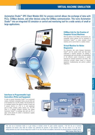 VIRTUAL MACHINE SIMULATION

Automation Studio™ OPC Client Module (OLE for process control) allows the exchange of data with
PLCs, CANbus devices, and other devices using the CANbus communication. This turns Automation




                                                                                                                                                                                           Overview
Studio™ into an integrated I/O simulator or control and monitoring tool for a wide variety of small or
large applications.




                                                                                                                                                                                           Fluid Power
                                                                                                                                  CANbus Link for the Creation of
                                                                                                                                  Complete Virtual Machines
                                                                                                                                  With the addition of the CANbus communication, any
                                                                                                                                  compatible control element can be connected to
                                                                                                                                  Automation Studio™ to create complete virtual




                                                                                                                                                                                           HMI & Control Panel
                                                                                                                                  machines and to control them in a realistic manner.

                                                                                                                                  Virtual Machine for Better
                                                                                                                                  Diagnostics
                                                                                                                                  The interaction that exists between Automation
                                                                                                                                  Studio™ and the outside world will help better
                                                                                                                                  understand a machine operation. By enabling a
                                                                                                                                  communication with real controllers, the understanding
                                                                                                                                  of the different system interactions is greatly




                                                                                                                                                                                           Electrical
                                                                                                                                  improved for technical personnel at all levels. This
                                                                                                                                  interaction provides unique means to improve
                                                                                                                                  equipment troubleshooting and perform problem
                                                                                                                                  diagnostics.




                                                                                                                                                                                           Automation
                                                                                                                                                                                           Virtual Machine
Interfaces to Programmable Logic                                                                                                         Programmable Logic Controller
                                                                                                                                                                                           Catalog

Controllers (PLCs) and Equipment
In order to connect Automation Studio™ to an automated
system, a hydraulic or pneumatic trainer, you can either use                       AUTOMATION STUDIO™                   OPC
an I/O Interface Kit or an OPC module. The I/O Interface Kit
is a hardware solution that allows to connect 8 inputs and
8 outputs directly to a PLC or to real equipment
                                                                                                                                                         Hardware
                                                                                                                                                                                           Services




such as relays, contacts, valves, sensors, etc. The OPC
Client is a standard software interface that allows
Automation Studio™ to exchange data with any PLC or
other control devices for which a manufacturer supplies                                                                I/O Interface Kit
OPC server software.




  "My main use of Automation Studio is to give training on hydraulic controls for paper machine equipment. I find that the use of animated
  components and dynamic colors helps the students truly understand the operation of each hydraulic circuit. The new version 5 is a big step in
  making animations very close to the way things work in real life. For me, this is the best tool available to demonstrate the physical properties of hydraulic controls"
                                                                                                                                      Alderic Arseneau, Metso Paper Inc.          23
 