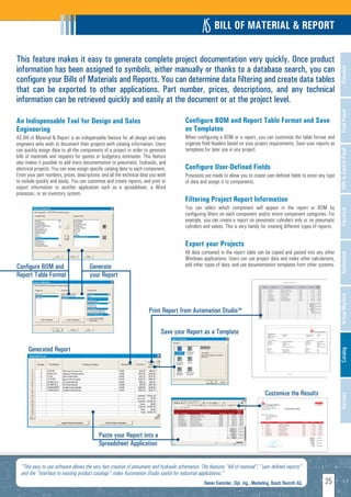 BILL OF MATERIAL & REPORT

This feature makes it easy to generate complete project documentation very quickly. Once product
information has been assigned to symbols, either manually or thanks to a database search, you can




                                                                                                                                                                              Overview
configure your Bills of Materials and Reports. You can determine data filtering and create data tables
that can be exported to other applications. Part number, prices, descriptions, and any technical
information can be retrieved quickly and easily at the document or at the project level.




                                                                                                                                                                              Fluid Power
An Indispensable Tool for Design and Sales                                                Configure BOM and Report Table Format and Save
Engineering                                                                               as Templates
AS Bill of Material & Report is an indispensable feature for all design and sales         When configuring a BOM or a report, you can customize the table format and
engineers who wish to document their projects with catalog information. Users             organize field headers based on your project requirements. Save your reports as
can quickly assign data to all the components of a project in order to generate           templates for later use in any project.




                                                                                                                                                                              HMI & Control Panel
bills of materials and requests for quotes or budgetary estimates. This feature
also makes it possible to add more documentation to pneumatic, hydraulic, and
electrical projects. You can now assign specific catalog data to each component.          Configure User-Defined Fields
Enter your part numbers, prices, descriptions, and all the technical data you wish        Provisions are made to allow you to create user-defined fields to enter any type
to include quickly and easily. You can customize and create reports, and print or         of data and assign it to components.
export information to another application such as a spreadsheet, a Word
processor, or an inventory system.
                                                                                          Filtering Project Report Information
                                                                                          You can select which component will appear in the report or BOM by




                                                                                                                                                                              Electrical
                                                                                          configuring filters on each component and/or entire component categories. For
                                                                                          example, you can create a report on pneumatic cylinders only or on pneumatic
                                                                                          cylinders and valves. This is very handy for creating different types of reports.


                                                                                          Export your Projects
                                                                                          All data contained in the report table can be copied and pasted into any other




                                                                                                                                                                              Automation
                                                                                          Windows applications. Users can use project data and make other calculations,
Configure BOM and                       Generate                                          add other types of data, and use documentation templates from other systems.
Report Table Format                     your Report




                                                                                                                                                                              Virtual Machine
                                                                        Print Report from Automation StudioTM


                                                                               Save your Report as a Template

      Generated Report
                                                                                                                                                                              Catalog




                                                                                                                                      Customize the Results
                                                                                                                                                                              Services




                                             Paste your Report into a
                                             Spreadsheet Application


  "This easy to use software allows the very fast creation of pneumatic and hydraulic schematics. The features "bill of material", "user defined reports"
  and the "interface to existing product catalogs" make Automation Studio useful for industrial applications."
                                                                                                    Rainer Kemmler, Dipl. Ing., Marketing, Bosch Rexroth AG.         25
 