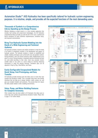 HYDRAULICS

Automation Studio™ (AS) Hydraulics has been specifically tailored for hydraulic system engineering
purposes. It is intuitive, simple, and provides all the expected functions of the most demanding users.

Thousands of Symbols in a Comprehensive
Library Speeding up the Design Process
Whether designing a simple system or a more complex application that
includes load sensing and proportional technologies, the AS Hydraulics
comprehensive library provides you with the ISO 1219-1 and -2 symbols and
built-in simulation for quick schematic implementation, simulation setup,
and improved communication.

Bring True Hydraulic System Modeling into the
Hands of a Wide Engineering and Technical
Audience
AS Hydraulics includes a dynamic and realistic simulation to meet the needs
of all levels of competence involved in the development and support of
hydraulic systems. The hydraulic simulator is based on established and
reliable modeling techniques such as Bernoulli's law and gradient method.
During simulation, users can monitor pressures, flows, displacements at any
point in a circuit. During simulation, components become animated and lines
are color-coded according to their state. Users may precisely monitor
variable values at any point in a circuit simply by inserting measuring
instruments or using the plotting functions. Simulation pace can be
adjusted to Step by Step, Slow Motion, and Pause.

Easily Configurable Encapsulated Models for
Quick Setup, Fast Prototyping, and Easy
Transfer
AS Hydraulics provides drawing tools that allow users to create their own
symbols and simulation models. This is provided using many user-friendly
interfaces that can help you to design cylinders, valves, pumps, etc, and
give you complete freedom and autonomy. This process does not require
the skills usually needed in other modeling environments.

Valve, Pump, and Motor Building Features
for Complete Autonomy
Other modules have also been added to AS Hydraulics that allow users to
create their own symbols and parameterize simulation models. Please refer
to page 12 for further details.




  8
 