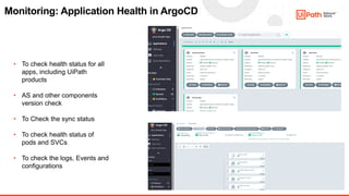 15
Monitoring: Application Health in ArgoCD
• To check health status for all
apps, including UiPath
products
• AS and other components
version check
• To Check the sync status
• To check health status of
pods and SVCs
• To check the logs, Events and
configurations
 