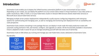4
Introduction
Automation Suite enables you to deploy the UiPath business automation platform in your environment of your choice.
Depending on your needs, you can deploy the platform on Linux servers (bare-metal or virtual machines) in your data center or
public cloud (Azure, AWS, or GCP), or on your Kubernetes clusters in Amazon Web Services (Elastic Kubernetes Service) or
Microsoft Azure (Azure Kubernetes Service)
Managing multiple server product deployments independently usually requires configuring integrations with enterprise
systems for authenticating and managing users, as well as managing and monitoring each deployment from an availability and
scale perspective.
Automation Suite contains everything in one package that you can deploy in multi-node HA-ready production mode with
automatic scaling and built-in HA, and monitor, configure, and upgrade as a whole. All the functionality available in Automation
Cloud is adapted to make it easier for you to manage everything yourself with low total cost of ownership.
Automation Suite on AKS allows you to bring and manage your own Kubernetes cluster, dedicated to Automation Suite.
Key Benefits-
 
