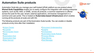 5
Automation Suite lets you manage your self-hosted UiPath platform as one product where
Shared Suite Capabilities enable you to easily configure the integration with existing enterprise
systems, such as AD, AAD, or SAML, across all products; a common experience is offered
across the suite for the user, tenant, external applications, and license management in a
common end user portal. This is hosted on Kubernetes-based infrastructure which enables
running all the products at scale and with HA.
The following products are part of the Automation Suite bundle. You can enable or disable
products at any time after their installation.
Automation Suite products
•Document Understanding
•Insights
•Orchestrator
•Automation Suite Robots
•Process Mining
•Task Mining
•Test Manager
•Action Center
•AI Center
•AI Computer Vision
•Apps
•Automation Hub
•Automation Ops
•Data Service
 