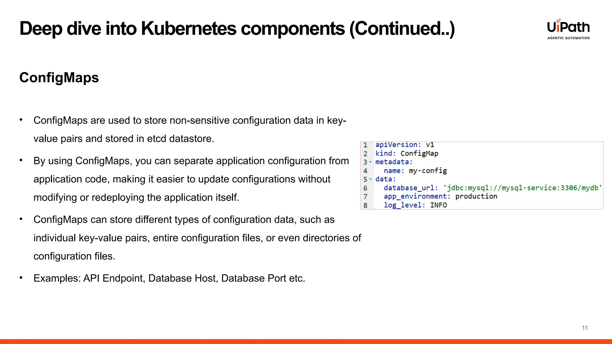 11
• ConfigMaps are used to store non-sensitive configuration data in key-
value pairs and stored in etcd datastore.
• By using ConfigMaps, you can separate application configuration from
application code, making it easier to update configurations without
modifying or redeploying the application itself.
• ConfigMaps can store different types of configuration data, such as
individual key-value pairs, entire configuration files, or even directories of
configuration files.
• Examples: API Endpoint, Database Host, Database Port etc.
Deep dive into Kubernetes components (Continued..)
ConfigMaps
 
