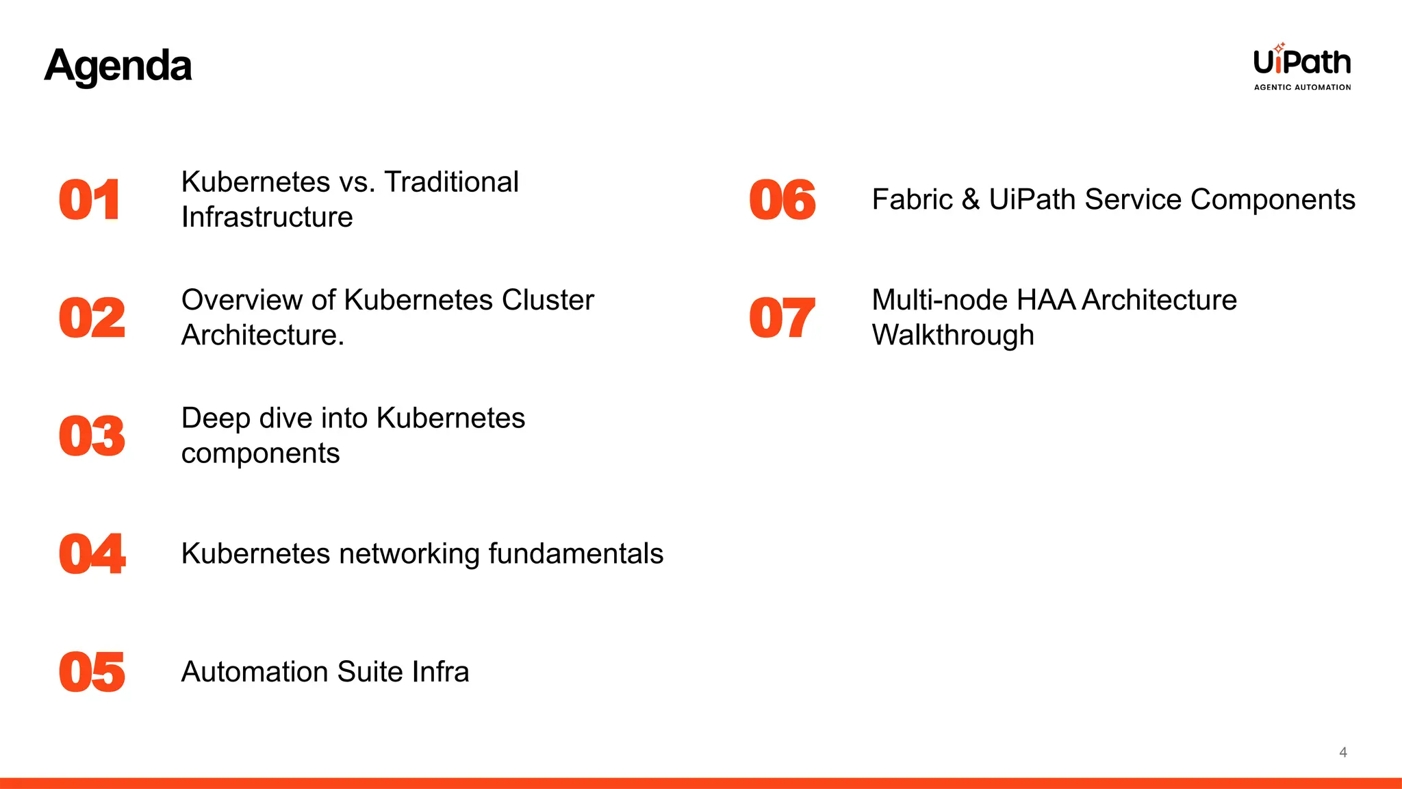 4
Agenda
01
02
03
04
Kubernetes vs. Traditional
Infrastructure
Overview of Kubernetes Cluster
Architecture.
Deep dive into Kubernetes
components
Automation Suite Infra
05
Kubernetes networking fundamentals
06
07
Fabric & UiPath Service Components
Multi-node HAA Architecture
Walkthrough
 