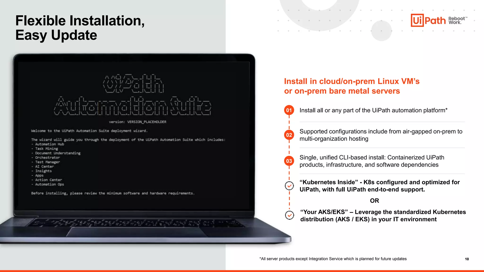 10
10
Flexible Installation,
Easy Update
Install in cloud/on-prem Linux VM’s
or on-prem bare metal servers
Install all or any part of the UiPath automation platform*
Supported configurations include from air-gapped on-prem to
multi-organization hosting
Single, unified CLI-based install: Containerized UiPath
products, infrastructure, and software dependencies
“Kubernetes Inside” - K8s configured and optimized for
UiPath, with full UiPath end-to-end support.
01
02
03
*All server products except Integration Service which is planned for future updates
“Your AKS/EKS” – Leverage the standardized Kubernetes
distribution (AKS / EKS) in your IT environment
OR
 