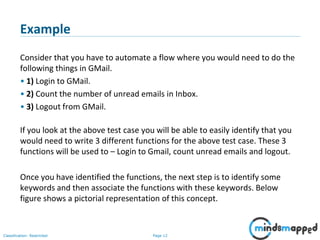 Page 12Classification: Restricted
Example
Consider that you have to automate a flow where you would need to do the
following things in GMail.
• 1) Login to GMail.
• 2) Count the number of unread emails in Inbox.
• 3) Logout from GMail.
If you look at the above test case you will be able to easily identify that you
would need to write 3 different functions for the above test case. These 3
functions will be used to – Login to Gmail, count unread emails and logout.
Once you have identified the functions, the next step is to identify some
keywords and then associate the functions with these keywords. Below
figure shows a pictorial representation of this concept.
 