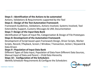 Page 16Classification: Restricted
Steps 5 : Identification of the Actions to be automated
Actions, Validations & Requirements supported by the Tool
Steps 6 : Design of the Test Automation Framework
Framework Guidelines, Validations, Actions Involved, Systems Involved, Tool
Extensibility Support, Customs Messages & UML Documentation
Steps 7: Design of the Input Data Bank
Identification of Types of Input file, Categorization & Design of File Prototypes
Steps 8: Development of the Automation Framework
Development of Script based upon Framework Design, Driver Scripts, Worker
Scripts, Record / Playback, Screen / Window / Transaction, Action / Keyword &
Data Driven
Steps 9 : Population of Input Data Bank
Different Types of Data Input, Population of Data from Different Data Sources,
Manual Input of Data and Parent – Child Data Hierarchy
Steps 10 : Configuration of the Schedulers
Identify Scheduler Requirements & Configure the Schedulers
 