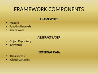 FRAMEWORK COMPONENTS
FRAMEWORK
• Main.rb
• Functionlibrary.rb
• Selenium.rb
ABSTRACT LAYER
• Object Repository
• Keywords
EXTERNAL DATA
• Data Sheets
• Global Variables
 