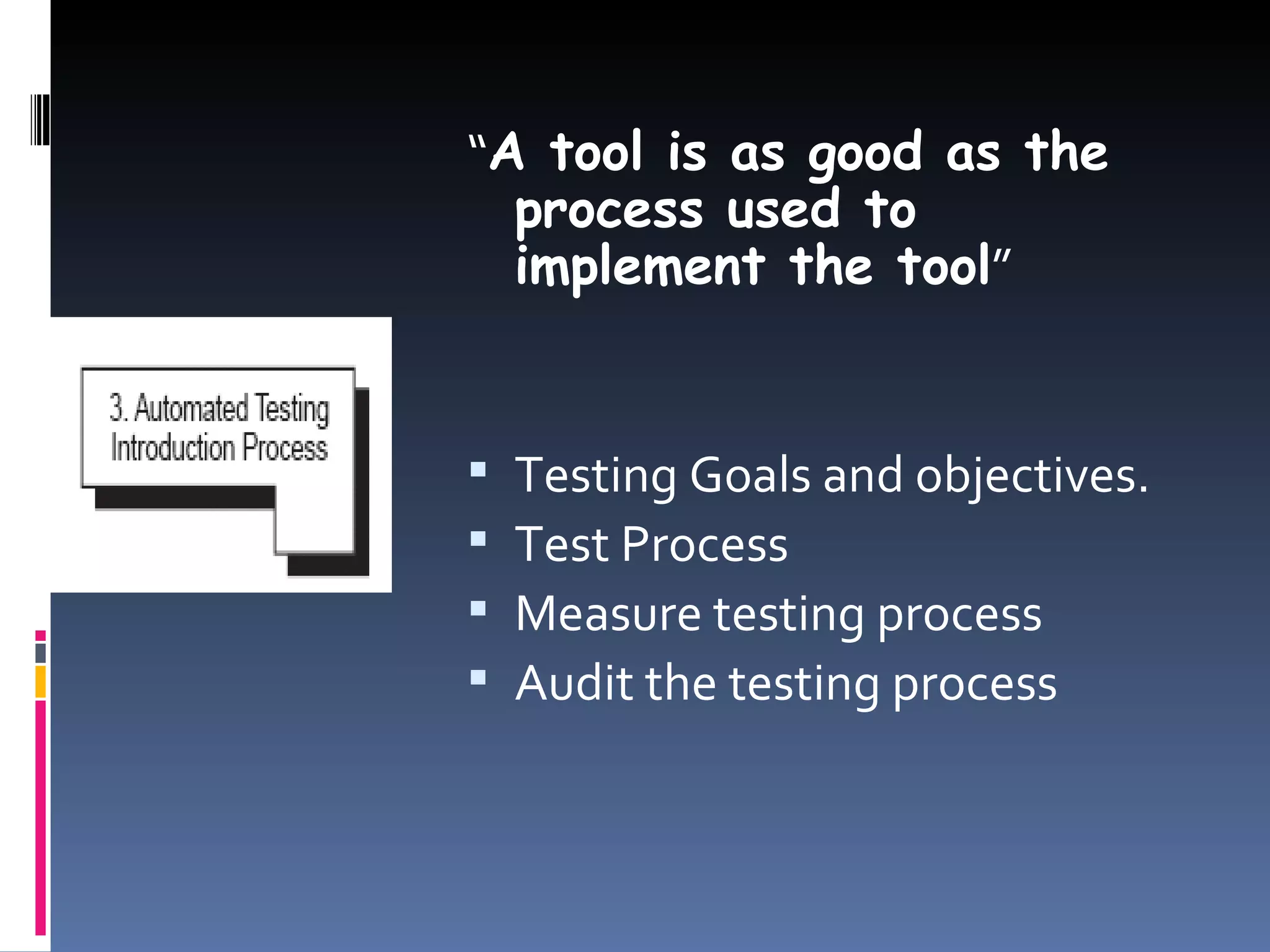 “ A tool is as good as the process used to implement the tool ” Testing Goals and objectives. Test Process Measure testing process Audit the testing process 