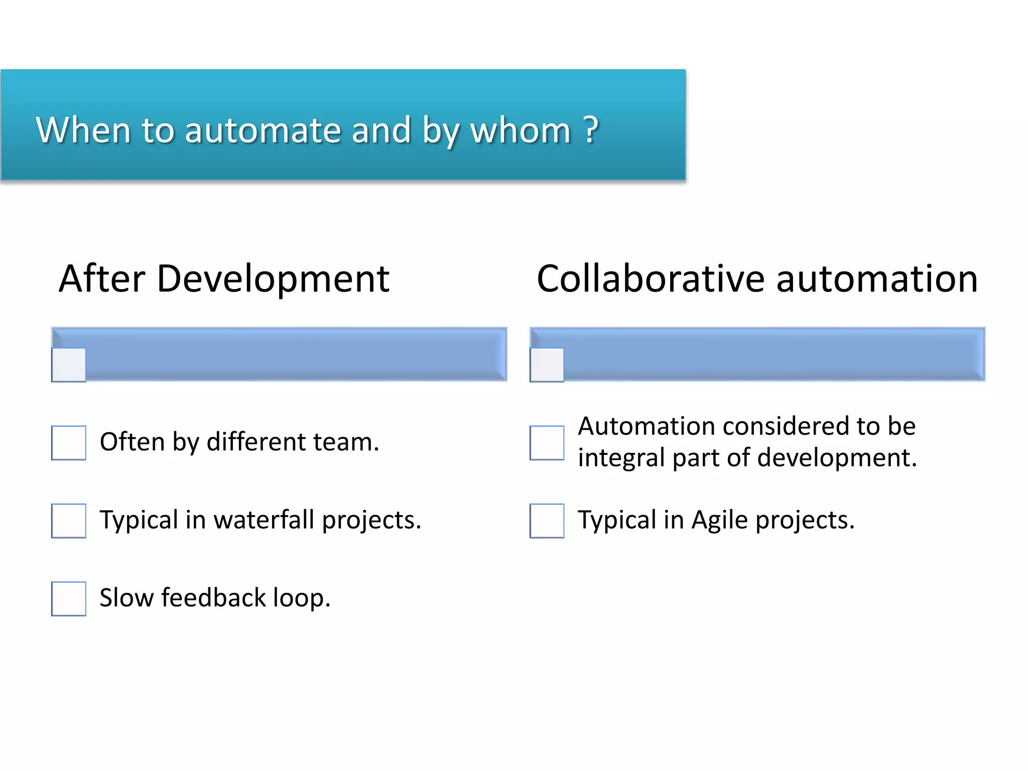 When to automate and by whom ?
After Development
Often by different team.
Typical in waterfall projects.
Slow feedback loop.
Collaborative automation
Automation considered to be
integral part of development.
Typical in Agile projects.
 