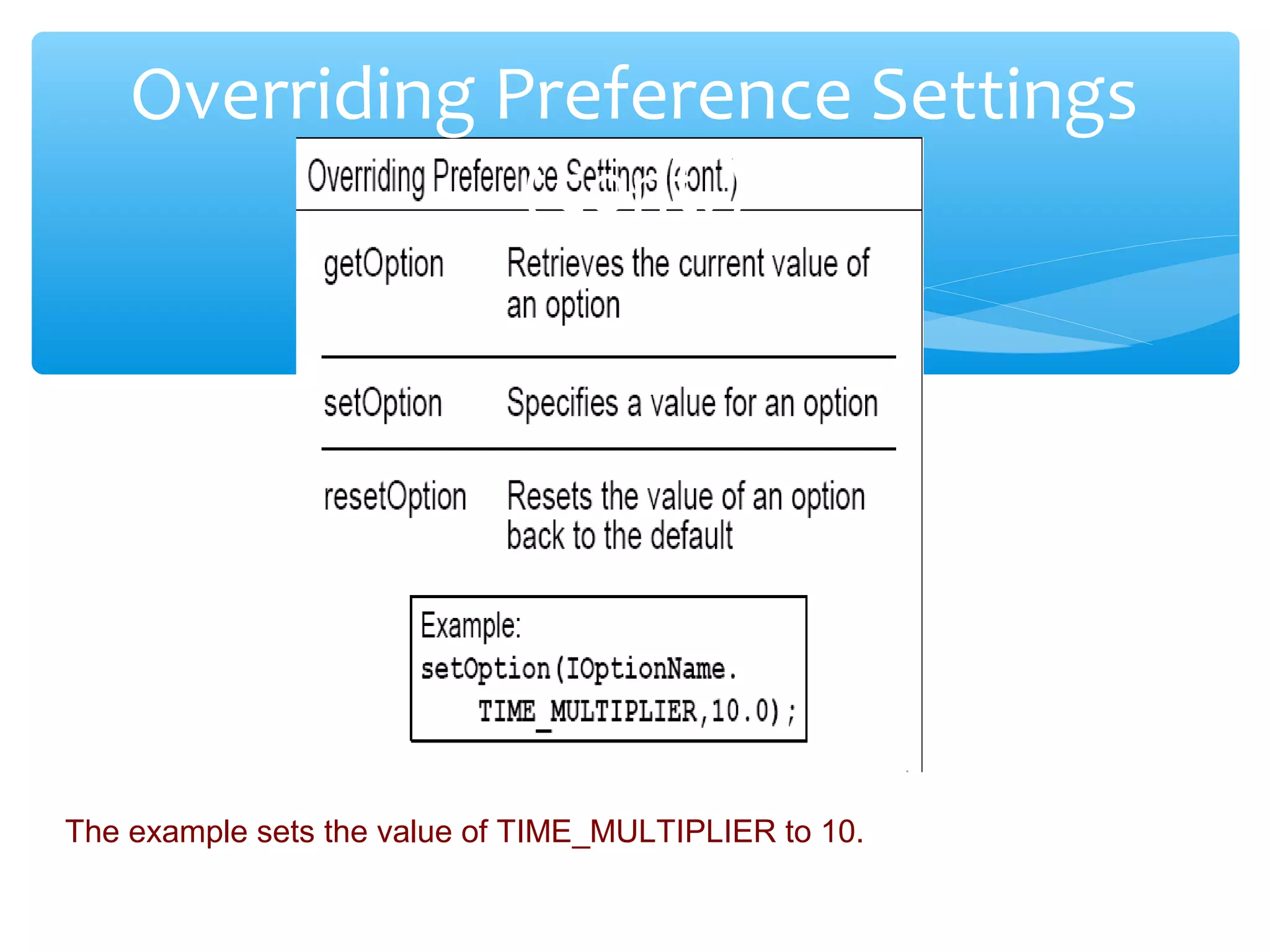 Confidential
Overriding Preference Settings
(cont.)
The example sets the value of TIME_MULTIPLIER to 10.
 