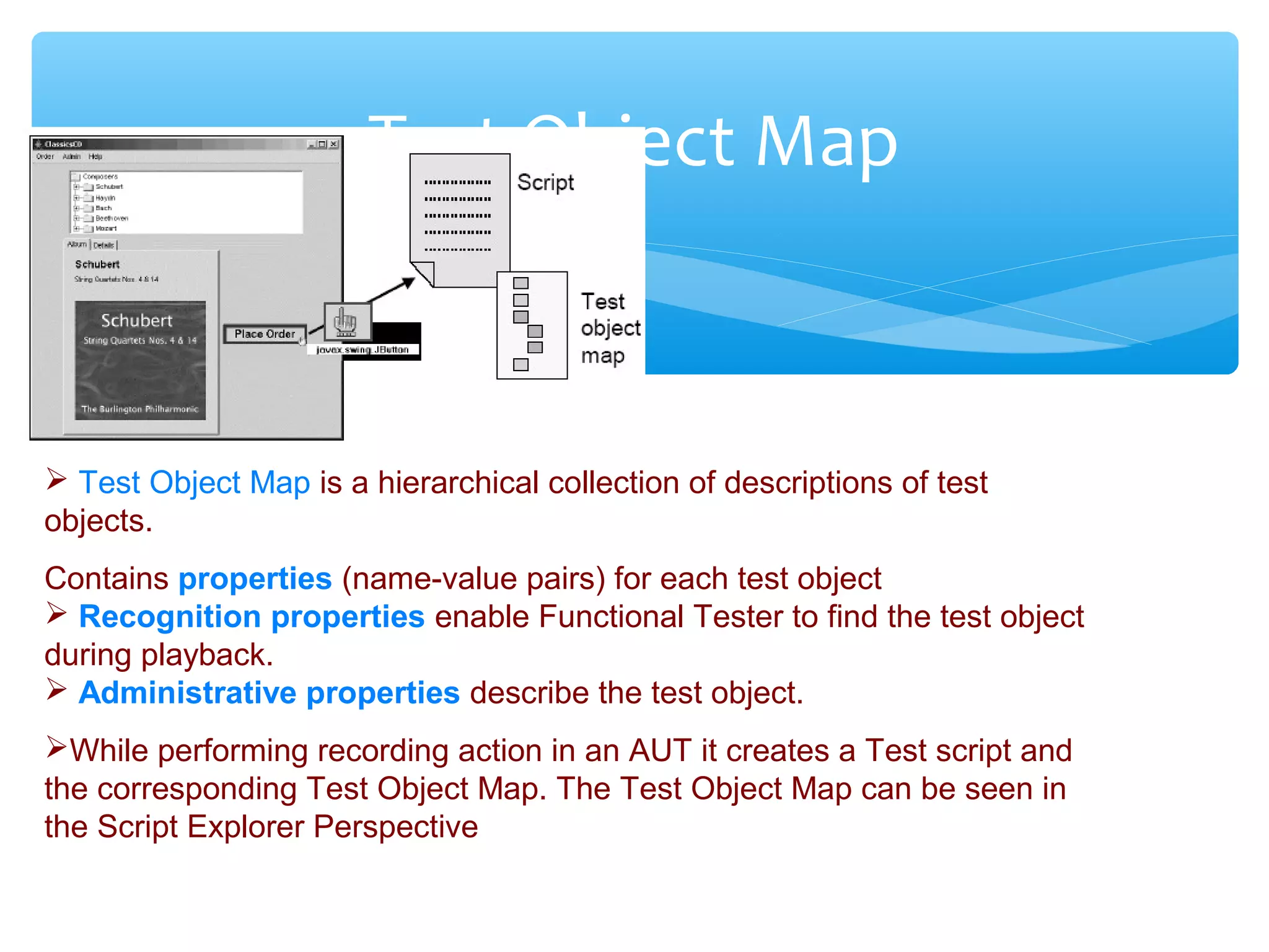Confidential
Test Object Map
 Test Object Map is a hierarchical collection of descriptions of test
objects.
Contains properties (name-value pairs) for each test object
 Recognition properties enable Functional Tester to find the test object
during playback.
 Administrative properties describe the test object.
While performing recording action in an AUT it creates a Test script and
the corresponding Test Object Map. The Test Object Map can be seen in
the Script Explorer Perspective
 