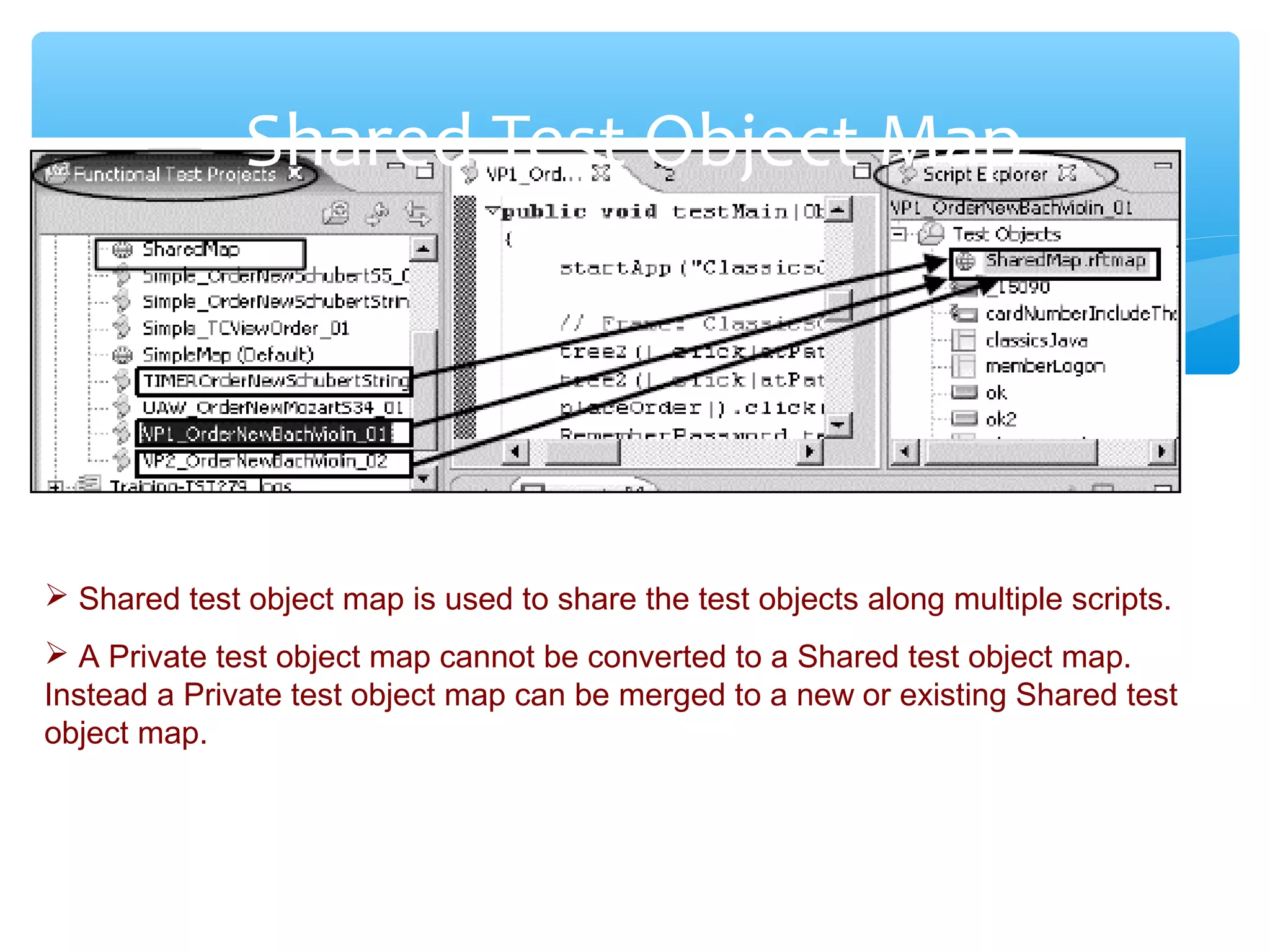 Confidential
Shared Test Object Map
 Shared test object map is used to share the test objects along multiple scripts.
 A Private test object map cannot be converted to a Shared test object map.
Instead a Private test object map can be merged to a new or existing Shared test
object map.
 