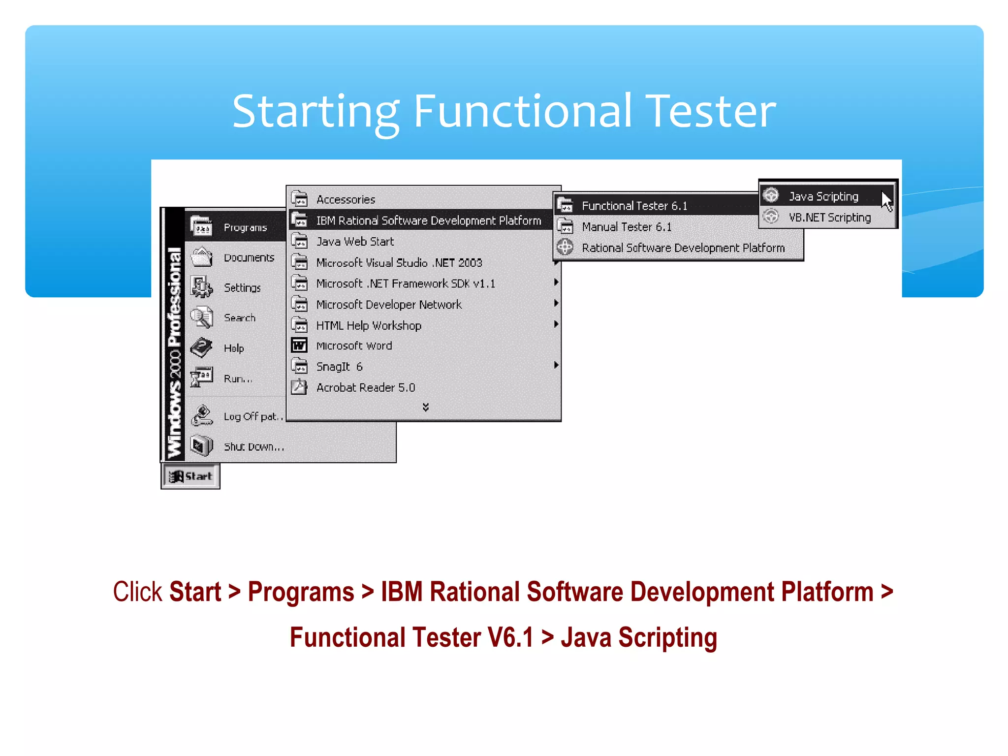 Confidential
Starting Functional Tester
Click Start > Programs > IBM Rational Software Development Platform >
Functional Tester V6.1 > Java Scripting
 