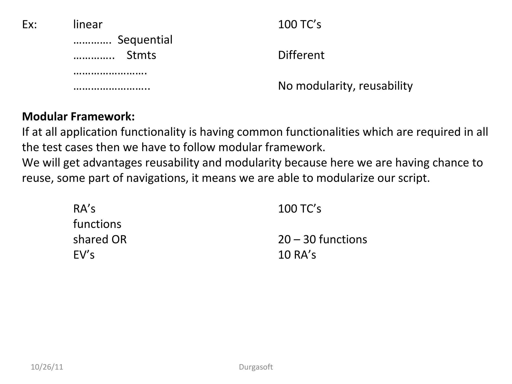 10/26/11 Durgasoft
Ex: linear 100 TC’s
…………. Sequential
………….. Stmts Different
…………………….
…………………….. No modularity, reusability
Modular Framework:
If at all application functionality is having common functionalities which are required in all
the test cases then we have to follow modular framework.
We will get advantages reusability and modularity because here we are having chance to
reuse, some part of navigations, it means we are able to modularize our script.
RA’s 100 TC’s
functions
shared OR 20 – 30 functions
EV’s 10 RA’s
 