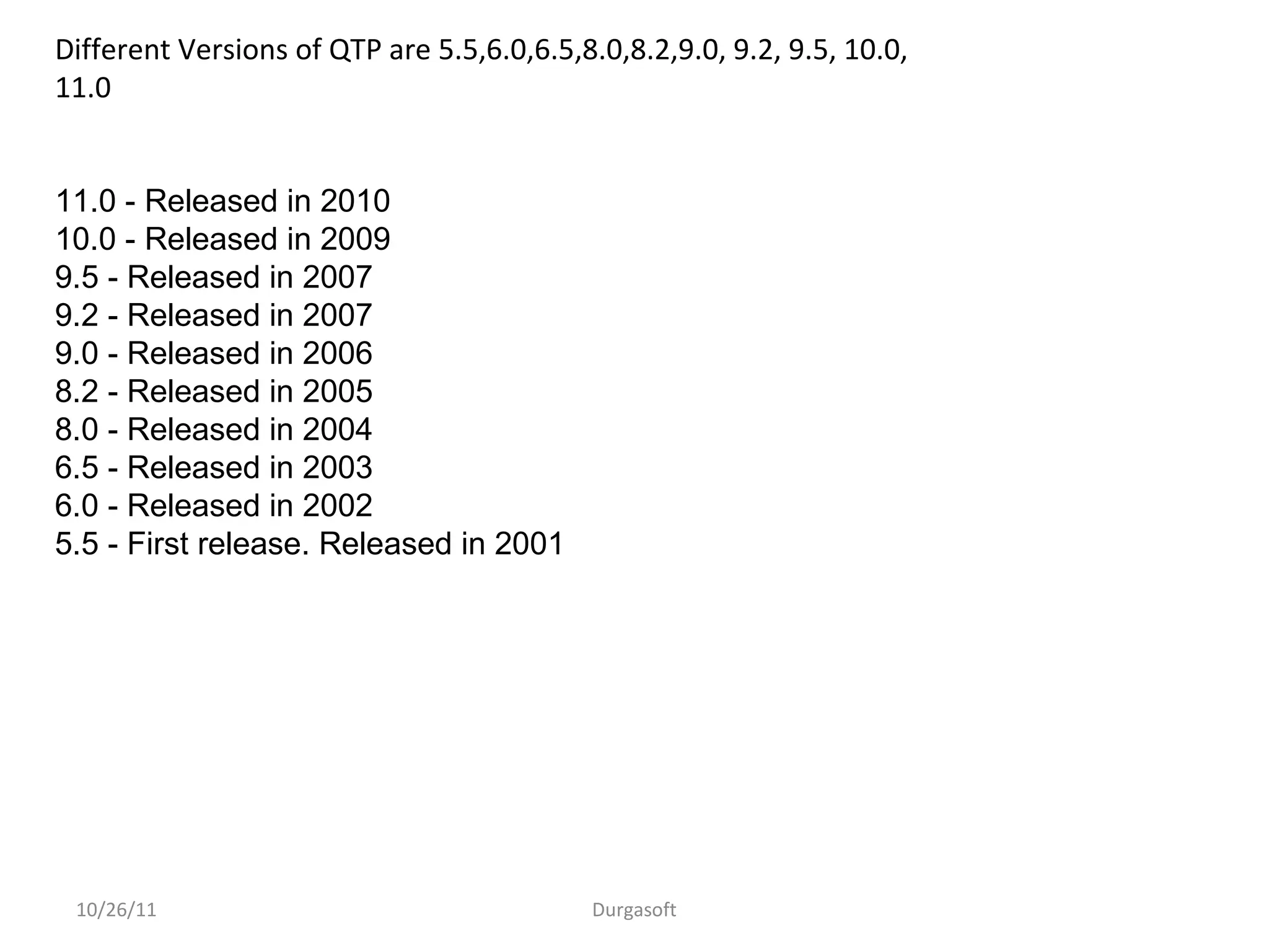 10/26/11 Durgasoft
Different Versions of QTP are 5.5,6.0,6.5,8.0,8.2,9.0, 9.2, 9.5, 10.0,
11.0
11.0 - Released in 2010
10.0 - Released in 2009
9.5 - Released in 2007
9.2 - Released in 2007
9.0 - Released in 2006
8.2 - Released in 2005
8.0 - Released in 2004
6.5 - Released in 2003
6.0 - Released in 2002
5.5 - First release. Released in 2001
 
