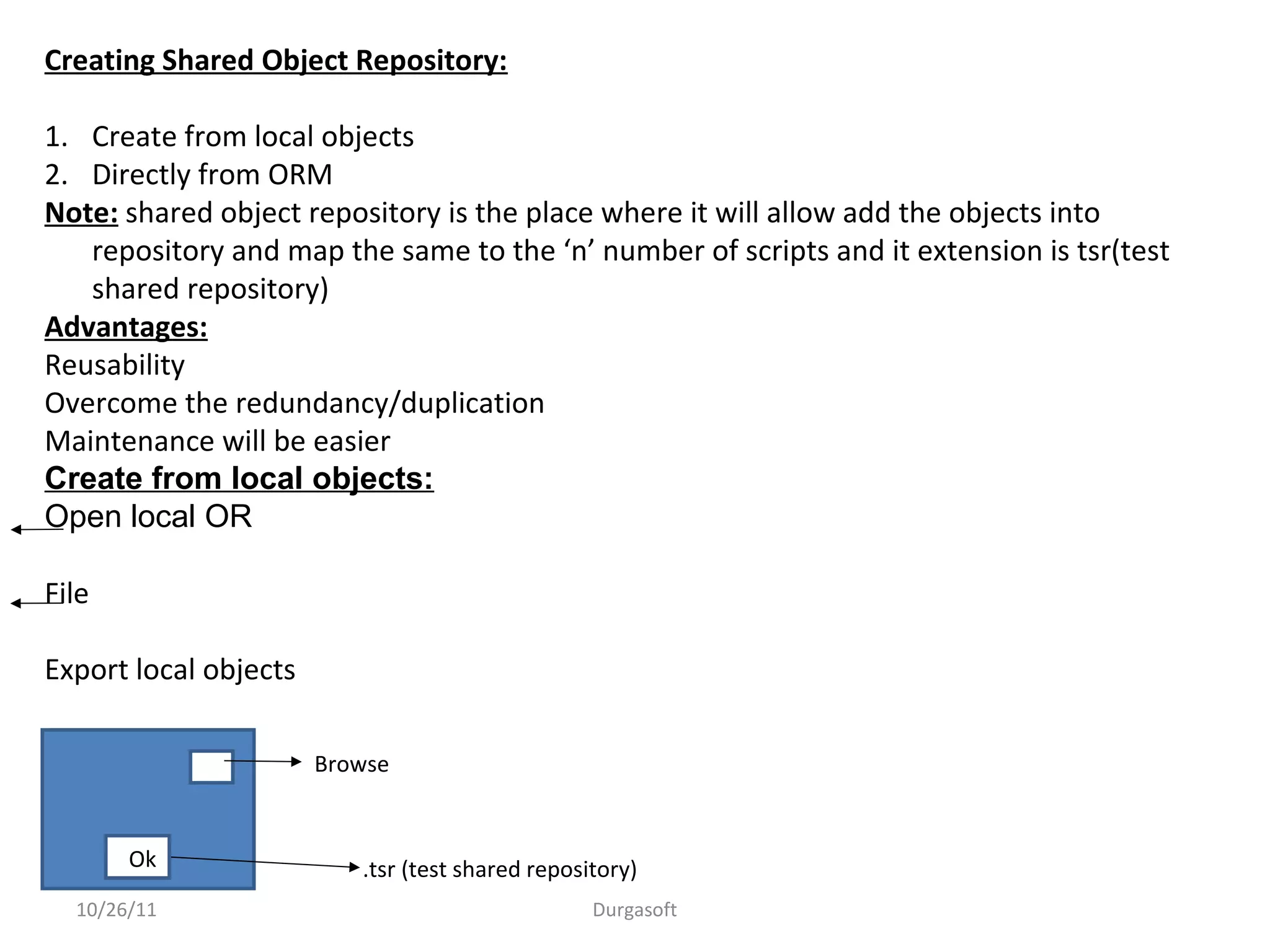 10/26/11 Durgasoft
Creating Shared Object Repository:
1. Create from local objects
2. Directly from ORM
Note: shared object repository is the place where it will allow add the objects into
repository and map the same to the ‘n’ number of scripts and it extension is tsr(test
shared repository)
Advantages:
Reusability
Overcome the redundancy/duplication
Maintenance will be easier
Create from local objects:
Open local OR
File
Export local objects
Browse
.tsr (test shared repository)Ok
 