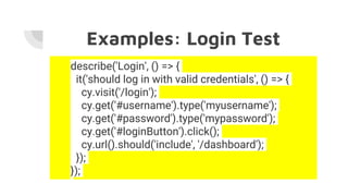 Examples: Login Test
describe('Login', () => {
it('should log in with valid credentials', () => {
cy.visit('/login');
cy.get('#username').type('myusername');
cy.get('#password').type('mypassword');
cy.get('#loginButton').click();
cy.url().should('include', '/dashboard');
});
});
 