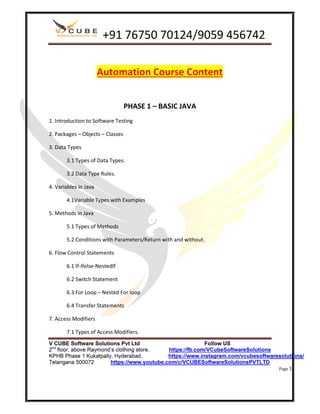 Automation Course Content
PHASE 1 – BASIC JAVA
1. Introduction to Software Testing
2. Packages – Objects – Classes
3. Data Types
3.1 Types of Data Types.
3.2 Data Type Rules.
4. Variables in Java
4.1Variable Types with Examples
5. Methods in Java
5.1 Types of Methods
5.2 Conditions with Parameters/Return with and without.
6. Flow Control Statements
6.1 If-Ifelse-NestedIf
6.2 Switch Statement
6.3 For Loop – Nested For loop
6.4 Transfer Statements
7. Access Modifiers
7.1 Types of Access Modifiers.
 