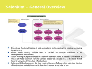 Speeds up functional testing of web-applications by leveraging the existing computing
infrastructure;
Allows easily running multiple tests in parallel, on multiple machines, in an
heterogeneous environment;
Allows running multiple instances of Selenium Remote Control in parallel. Even better, it
makes all these Selenium Remote Controls appear as a single one, so the tests do not
have to worry about the actual infrastructure;
Selenium Grid cuts down on the time required to run a Selenium test suite to a fraction
of the time that a single instance of Selenium instance would take to run.
Selenium – General Overview
 