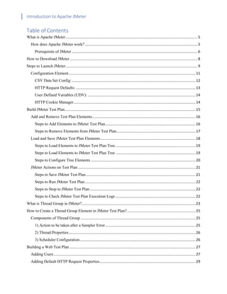 Introduction to Apache JMeter
[TYPE HERE] [TYPE HERE] [TYPE HERE]
Table of Contents
What is Apache JMeter.................................................................................................................................5
How does Apache JMeter work? ..............................................................................................................5
Prerequisite of JMeter...........................................................................................................................6
How to Download JMeter.............................................................................................................................8
Steps to Launch JMeter.................................................................................................................................9
Configuration Element............................................................................................................................11
CSV Data Set Config:.........................................................................................................................12
HTTP Request Defaults:.....................................................................................................................13
User Defined Variables (UDV): .........................................................................................................14
HTTP Cookie Manager.......................................................................................................................14
Build JMeter Test Plan................................................................................................................................15
Add and Remove Test Plan Elements.....................................................................................................16
Steps to Add Elements to JMeter Test Plan........................................................................................16
Steps to Remove Elements from JMeter Test Plan.............................................................................17
Load and Save JMeter Test Plan Elements.............................................................................................18
Steps to Load Elements to JMeter Test Plan Tree ..............................................................................19
Steps to Load Elements to JMeter Test Plan Tree ..............................................................................19
Steps to Configure Tree Elements ......................................................................................................20
JMeter Actions on Test Plan...................................................................................................................21
Steps to Save JMeter Test Plan...........................................................................................................21
Steps to Run JMeter Test Plan............................................................................................................22
Steps to Stop to JMeter Test Plan .......................................................................................................22
Steps to Check JMeter Test Plan Execution Logs ..............................................................................22
What is Thread Group in JMeter?...............................................................................................................23
How to Create a Thread Group Element in JMeter Test Plan?...................................................................25
Components of Thread Group ................................................................................................................25
1) Action to be taken after a Sampler Error........................................................................................25
2) Thread Properties............................................................................................................................26
3) Scheduler Configuration.................................................................................................................26
Building a Web Test Plan ...........................................................................................................................27
Adding Users ..........................................................................................................................................27
Adding Default HTTP Request Properties..............................................................................................29
 