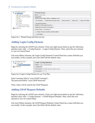 Introduction to Apache JMeter
[TYPE HERE] [TYPE HERE] [TYPE HERE]
Figure 8a.1. Thread Group and final test tree
Adding Login Config Element
Begin by selecting the LDAP Users element. Click your right mouse button to get the Add menu,
and then select Add → Config Element → Login Config Element. Then, select this new element
to view its Control Panel.
Like most JMeter elements, the Login Config Element's Control Panel has a name field that you
can modify. In this example, leave this field with the default value.
Figure 8a.2 Login Config Element for our Test Plan
Enter Username field to "your LDAP Username",
The password field to "your LDAP Password"
These values will be used by the LDAP Requests.
Adding LDAP Request Defaults
Begin by selecting the LDAP Users element. Click your right mouse button to get the Add menu,
and then select Add → Config Element → LDAP Request Defaults. Then, select this new
element to view its Control Panel.
Like most JMeter elements, the LDAP Request Defaults Control Panel has a name field that you
can modify. In this example, leave this field with the default value.
 