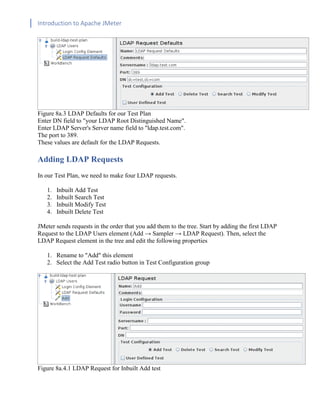 Introduction to Apache JMeter
[TYPE HERE] [TYPE HERE] [TYPE HERE]
Figure 8a.3 LDAP Defaults for our Test Plan
Enter DN field to "your LDAP Root Distinguished Name".
Enter LDAP Server's Server name field to "ldap.test.com".
The port to 389.
These values are default for the LDAP Requests.
Adding LDAP Requests
In our Test Plan, we need to make four LDAP requests.
1. Inbuilt Add Test
2. Inbuilt Search Test
3. Inbuilt Modify Test
4. Inbuilt Delete Test
JMeter sends requests in the order that you add them to the tree. Start by adding the first LDAP
Request to the LDAP Users element (Add → Sampler → LDAP Request). Then, select the
LDAP Request element in the tree and edit the following properties
1. Rename to "Add" this element
2. Select the Add Test radio button in Test Configuration group
Figure 8a.4.1 LDAP Request for Inbuilt Add test
 