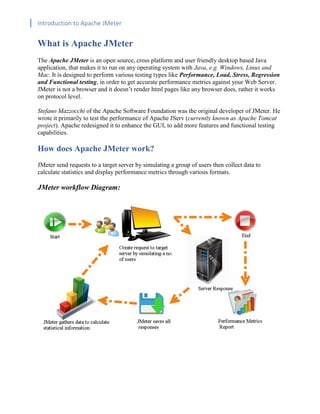 Introduction to Apache JMeter
[TYPE HERE] [TYPE HERE] [TYPE HERE]
What is Apache JMeter
The Apache JMeter is an open source, cross platform and user friendly desktop based Java
application, that makes it to run on any operating system with Java, e.g. Windows, Linux and
Mac. It is designed to perform various testing types like Performance, Load, Stress, Regression
and Functional testing, in order to get accurate performance metrics against your Web Server.
JMeter is not a browser and it doesn’t render html pages like any browser does, rather it works
on protocol level.
Stefano Mazzocchi of the Apache Software Foundation was the original developer of JMeter. He
wrote it primarily to test the performance of Apache JServ (currently known as Apache Tomcat
project). Apache redesigned it to enhance the GUI, to add more features and functional testing
capabilities.
How does Apache JMeter work?
JMeter send requests to a target server by simulating a group of users then collect data to
calculate statistics and display performance metrics through various formats.
JMeter workflow Diagram:
 