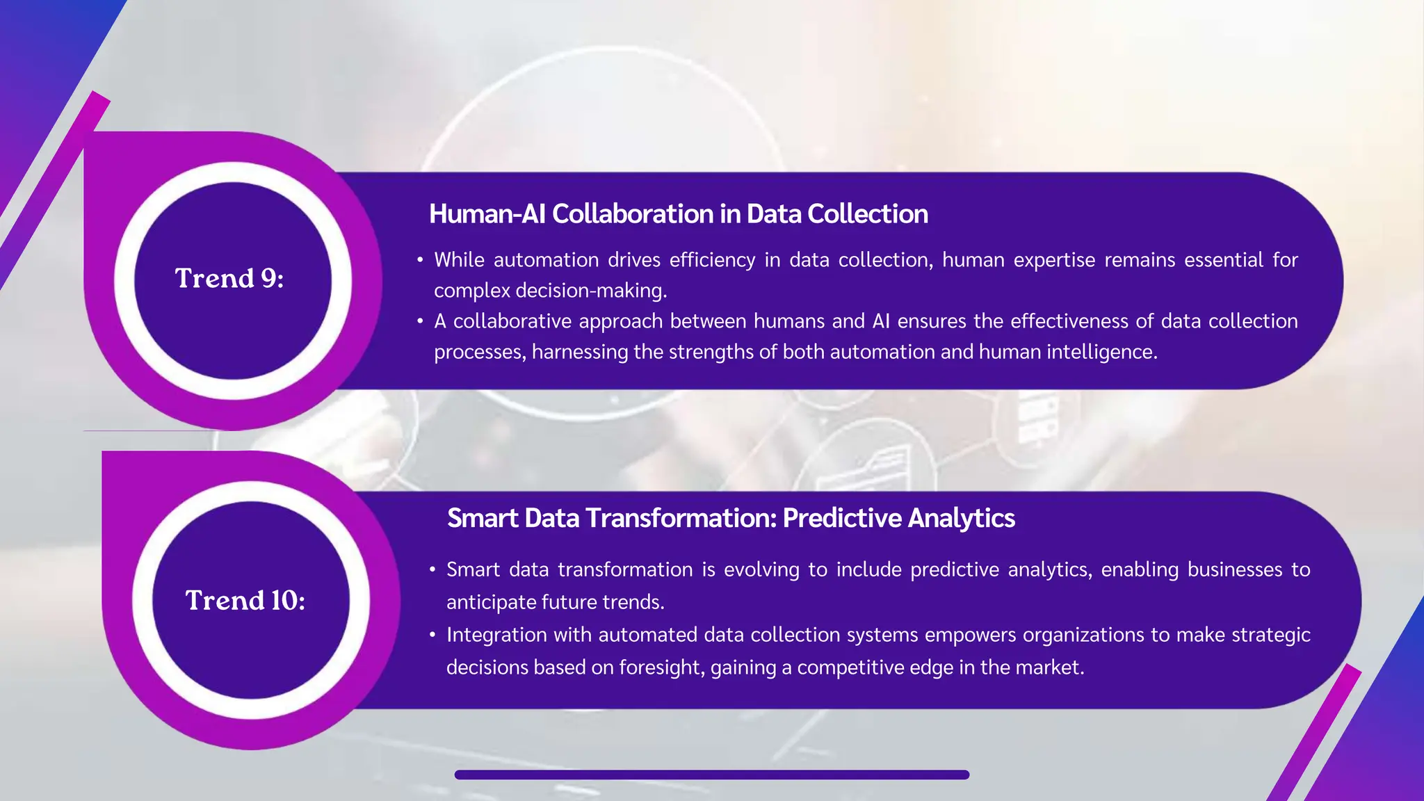 Human-AI Collaboration in Data Collection
• While automation drives efficiency in data collection, human expertise remains essential for
complex decision-making.
• A collaborative approach between humans and AI ensures the effectiveness of data collection
processes, harnessing the strengths of both automation and human intelligence.
Smart Data Transformation: Predictive Analytics
• Smart data transformation is evolving to include predictive analytics, enabling businesses to
anticipate future trends.
• Integration with automated data collection systems empowers organizations to make strategic
decisions based on foresight, gaining a competitive edge in the market.
 