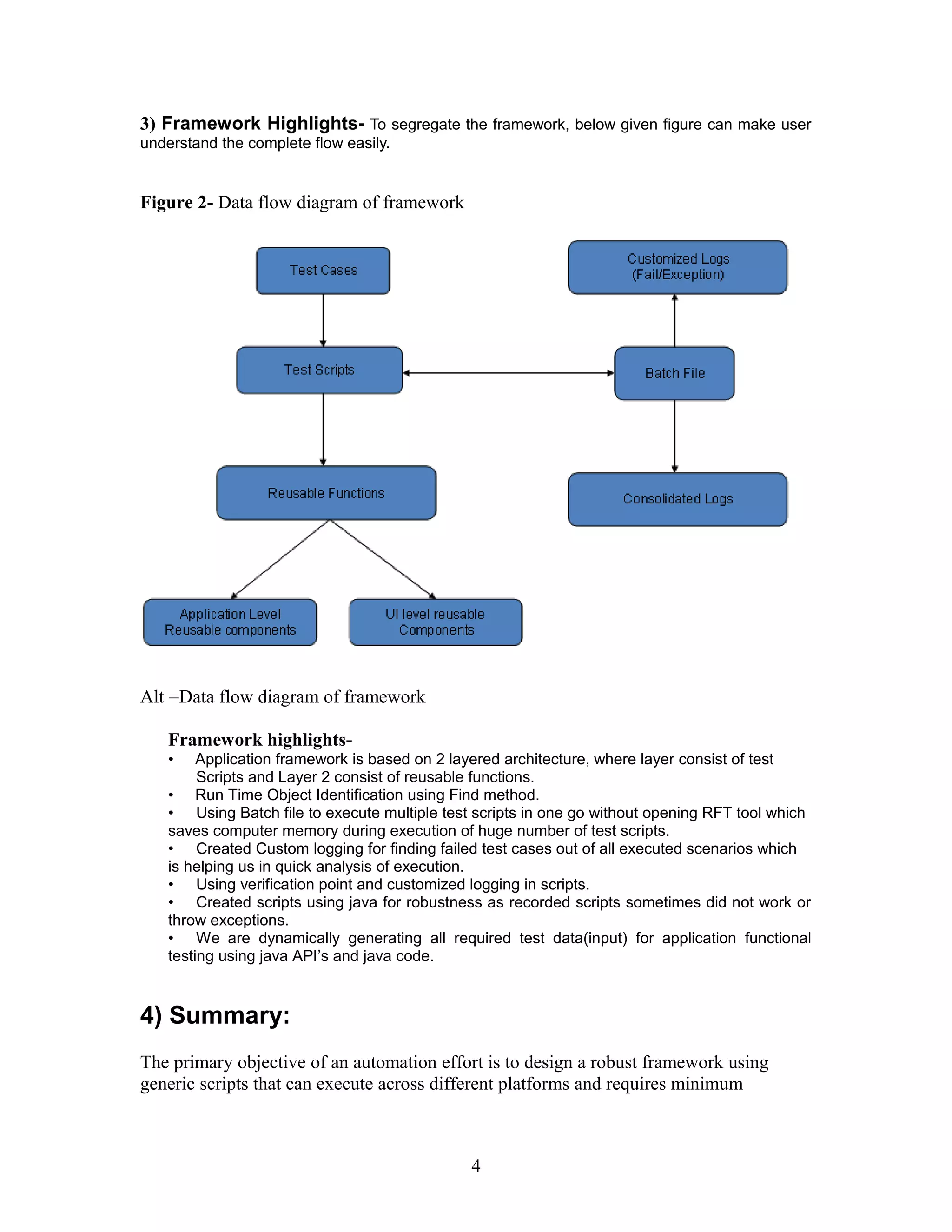 3) Framework Highlights- To segregate the framework, below given figure can make user
understand the complete flow easily.
Figure 2- Data flow diagram of framework
Alt =Data flow diagram of framework
Framework highlights-
• Application framework is based on 2 layered architecture, where layer consist of test
Scripts and Layer 2 consist of reusable functions.
• Run Time Object Identification using Find method.
• Using Batch file to execute multiple test scripts in one go without opening RFT tool which
saves computer memory during execution of huge number of test scripts.
• Created Custom logging for finding failed test cases out of all executed scenarios which
is helping us in quick analysis of execution.
• Using verification point and customized logging in scripts.
• Created scripts using java for robustness as recorded scripts sometimes did not work or
throw exceptions.
• We are dynamically generating all required test data(input) for application functional
testing using java API’s and java code.
4) Summary:
The primary objective of an automation effort is to design a robust framework using
generic scripts that can execute across different platforms and requires minimum
4
 