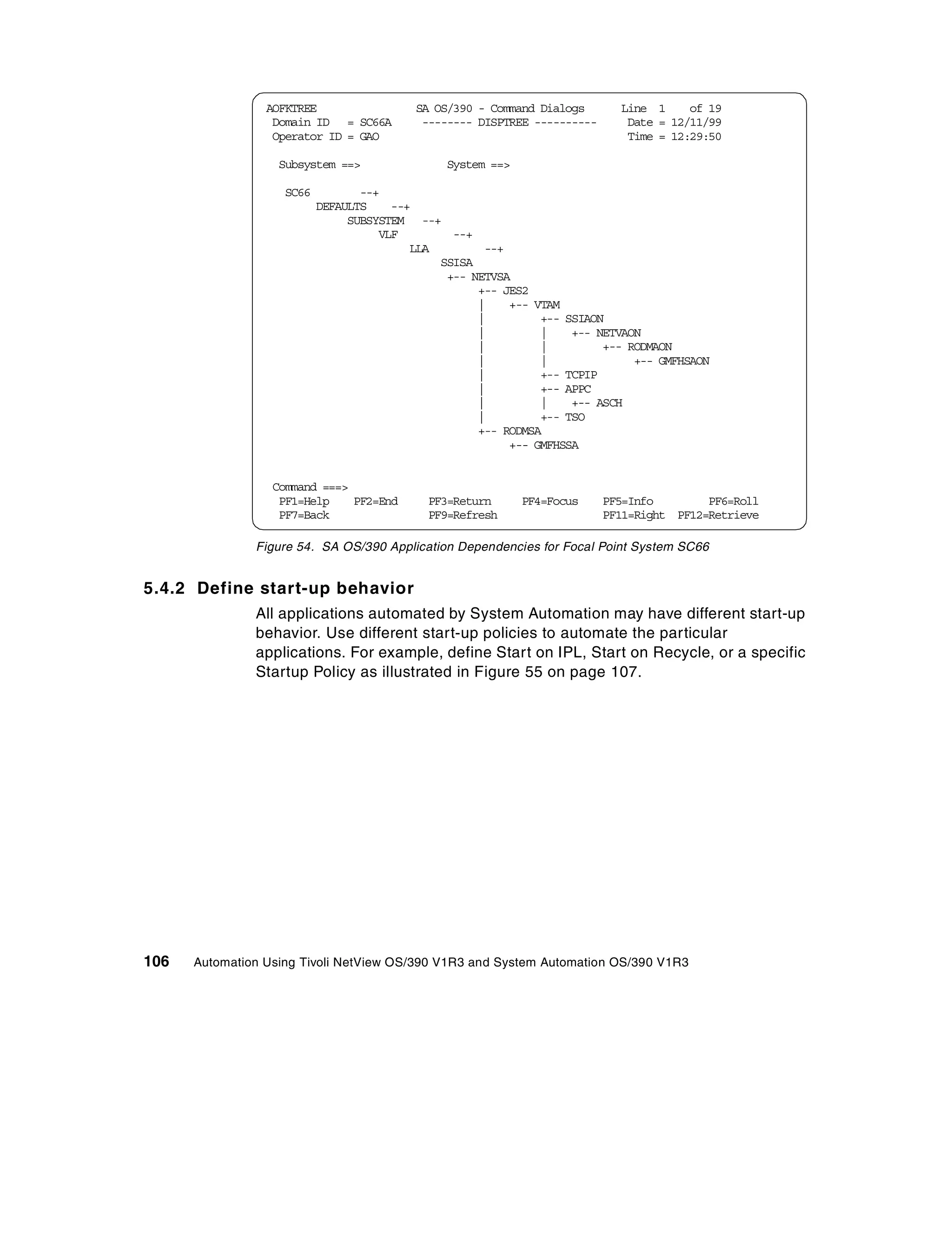 AOFKTREE                 SA OS/390 - Command Dialogs       Line 1     of 19
                  Domain ID = SC66A        -------- DISPTREE ----------      Date = 12/11/99
                  Operator ID = GAO                                          Time = 12:29:50

                   Subsystem ==>               System ==>

                    SC66          --+
                           DEFAULTS    --+
                                SUBSYSTEM --+
                                     VLF        --+
                                          LLA        --+
                                              SSISA
                                               +-- NETVSA
                                                    +-- JES2
                                                    |    +-- VTAM
                                                    |         +-- SSIAON
                                                    |         |    +-- NETVAON
                                                    |         |         +-- RODMAON
                                                    |         |              +-- GMFHSAON
                                                    |         +-- TCPIP
                                                    |         +-- APPC
                                                    |         |    +-- ASCH
                                                    |         +-- TSO
                                                    +-- RODMSA
                                                         +-- GMFHSSA


                  Command ===>
                   PF1=Help    PF2=End      PF3=Return      PF4=Focus     PF5=Info        PF6=Roll
                   PF7=Back                 PF9=Refresh                   PF11=Right PF12=Retrieve

               Figure 54. SA OS/390 Application Dependencies for Focal Point System SC66


5.4.2 Define start-up behavior
               All applications automated by System Automation may have different start-up
               behavior. Use different start-up policies to automate the particular
               applications. For example, define Start on IPL, Start on Recycle, or a specific
               Startup Policy as illustrated in Figure 55 on page 107.




106   Automation Using Tivoli NetView OS/390 V1R3 and System Automation OS/390 V1R3
 