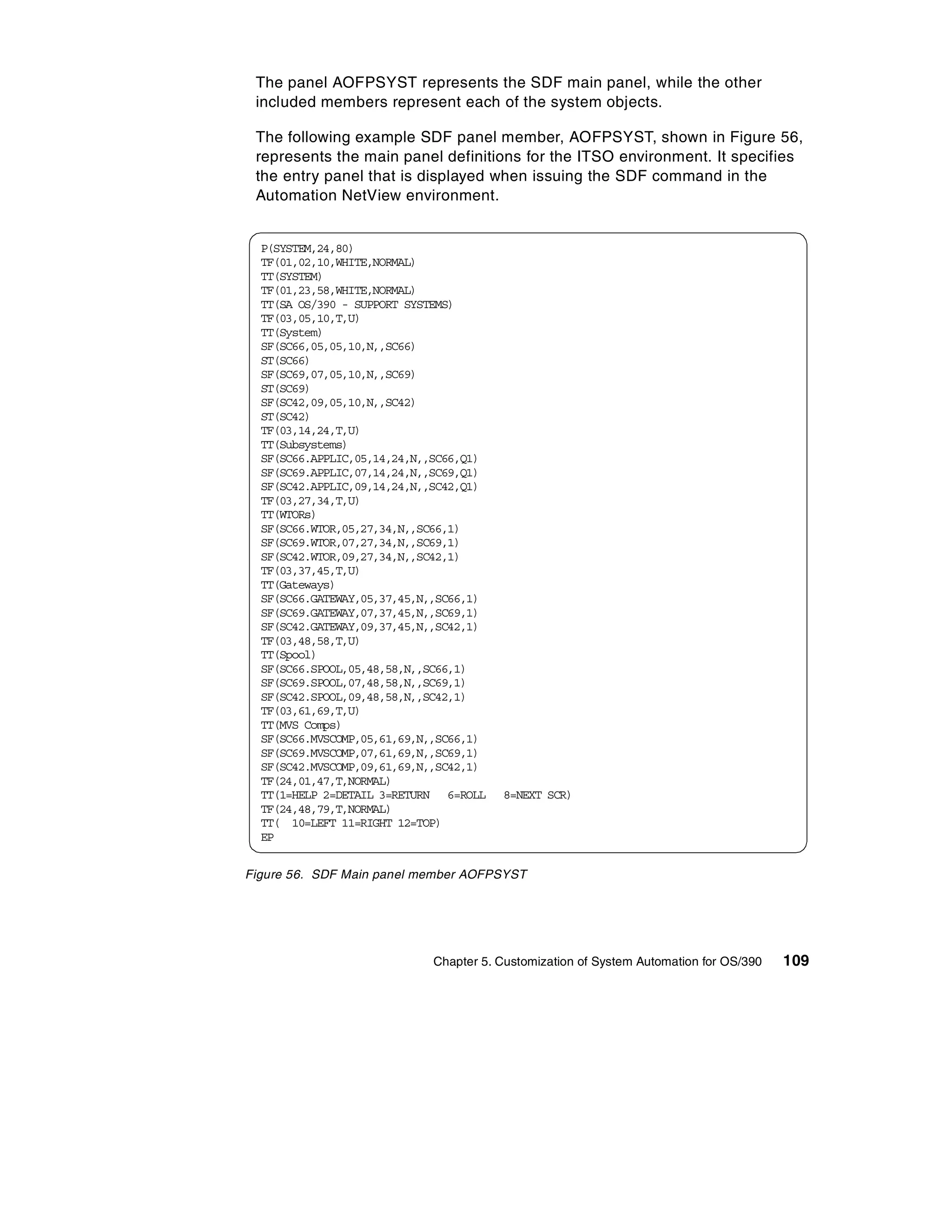 The panel AOFPSYST represents the SDF main panel, while the other
 included members represent each of the system objects.

 The following example SDF panel member, AOFPSYST, shown in Figure 56,
 represents the main panel definitions for the ITSO environment. It specifies
 the entry panel that is displayed when issuing the SDF command in the
 Automation NetView environment.


  P(SYSTEM,24,80)
  TF(01,02,10,WHITE,NORMAL)
  TT(SYSTEM)
  TF(01,23,58,WHITE,NORMAL)
  TT(SA OS/390 - SUPPORT SYSTEMS)
  TF(03,05,10,T,U)
  TT(System)
  SF(SC66,05,05,10,N,,SC66)
  ST(SC66)
  SF(SC69,07,05,10,N,,SC69)
  ST(SC69)
  SF(SC42,09,05,10,N,,SC42)
  ST(SC42)
  TF(03,14,24,T,U)
  TT(Subsystems)
  SF(SC66.APPLIC,05,14,24,N,,SC66,Q1)
  SF(SC69.APPLIC,07,14,24,N,,SC69,Q1)
  SF(SC42.APPLIC,09,14,24,N,,SC42,Q1)
  TF(03,27,34,T,U)
  TT(WTORs)
  SF(SC66.WTOR,05,27,34,N,,SC66,1)
  SF(SC69.WTOR,07,27,34,N,,SC69,1)
  SF(SC42.WTOR,09,27,34,N,,SC42,1)
  TF(03,37,45,T,U)
  TT(Gateways)
  SF(SC66.GATEWAY,05,37,45,N,,SC66,1)
  SF(SC69.GATEWAY,07,37,45,N,,SC69,1)
  SF(SC42.GATEWAY,09,37,45,N,,SC42,1)
  TF(03,48,58,T,U)
  TT(Spool)
  SF(SC66.SPOOL,05,48,58,N,,SC66,1)
  SF(SC69.SPOOL,07,48,58,N,,SC69,1)
  SF(SC42.SPOOL,09,48,58,N,,SC42,1)
  TF(03,61,69,T,U)
  TT(MVS Comps)
  SF(SC66.MVSCOMP,05,61,69,N,,SC66,1)
  SF(SC69.MVSCOMP,07,61,69,N,,SC69,1)
  SF(SC42.MVSCOMP,09,61,69,N,,SC42,1)
  TF(24,01,47,T,NORMAL)
  TT(1=HELP 2=DETAIL 3=RETURN 6=ROLL    8=NEXT SCR)
  TF(24,48,79,T,NORMAL)
  TT( 10=LEFT 11=RIGHT 12=TOP)
  EP


Figure 56. SDF Main panel member AOFPSYST




                            Chapter 5. Customization of System Automation for OS/390   109
 