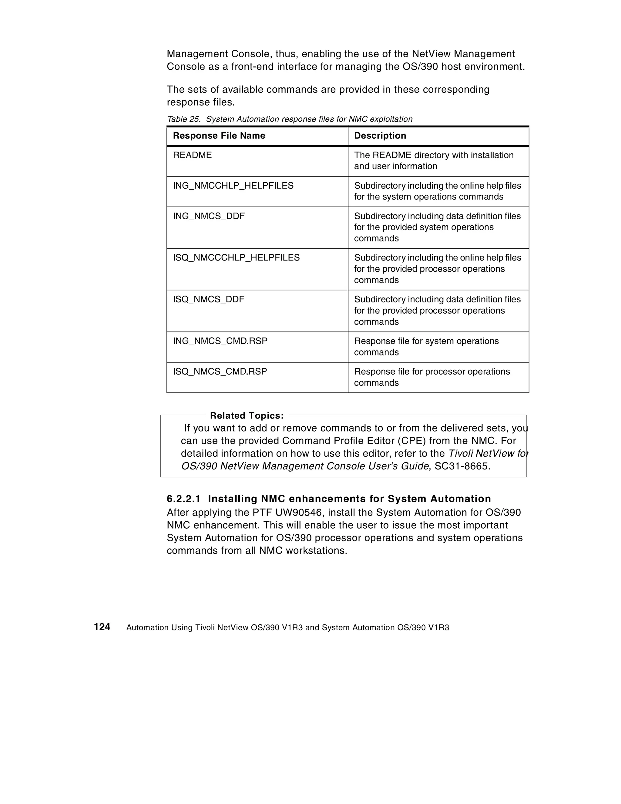 Management Console, thus, enabling the use of the NetView Management
               Console as a front-end interface for managing the OS/390 host environment.

               The sets of available commands are provided in these corresponding
               response files.
               Table 25. System Automation response files for NMC exploitation

                 Response File Name                            Description

                 README                                        The README directory with installation
                                                               and user information

                 ING_NMCCHLP_HELPFILES                         Subdirectory including the online help files
                                                               for the system operations commands

                 ING_NMCS_DDF                                  Subdirectory including data definition files
                                                               for the provided system operations
                                                               commands

                 ISQ_NMCCCHLP_HELPFILES                        Subdirectory including the online help files
                                                               for the provided processor operations
                                                               commands

                 ISQ_NMCS_DDF                                  Subdirectory including data definition files
                                                               for the provided processor operations
                                                               commands

                 ING_NMCS_CMD.RSP                              Response file for system operations
                                                               commands

                 ISQ_NMCS_CMD.RSP                              Response file for processor operations
                                                               commands


                          Related Topics:
                    If you want to add or remove commands to or from the delivered sets, you
                   can use the provided Command Profile Editor (CPE) from the NMC. For
                   detailed information on how to use this editor, refer to the Tivoli NetView for
                   OS/390 NetView Management Console User's Guide, SC31-8665.


               6.2.2.1 Installing NMC enhancements for System Automation
               After applying the PTF UW90546, install the System Automation for OS/390
               NMC enhancement. This will enable the user to issue the most important
               System Automation for OS/390 processor operations and system operations
               commands from all NMC workstations.




124   Automation Using Tivoli NetView OS/390 V1R3 and System Automation OS/390 V1R3
 