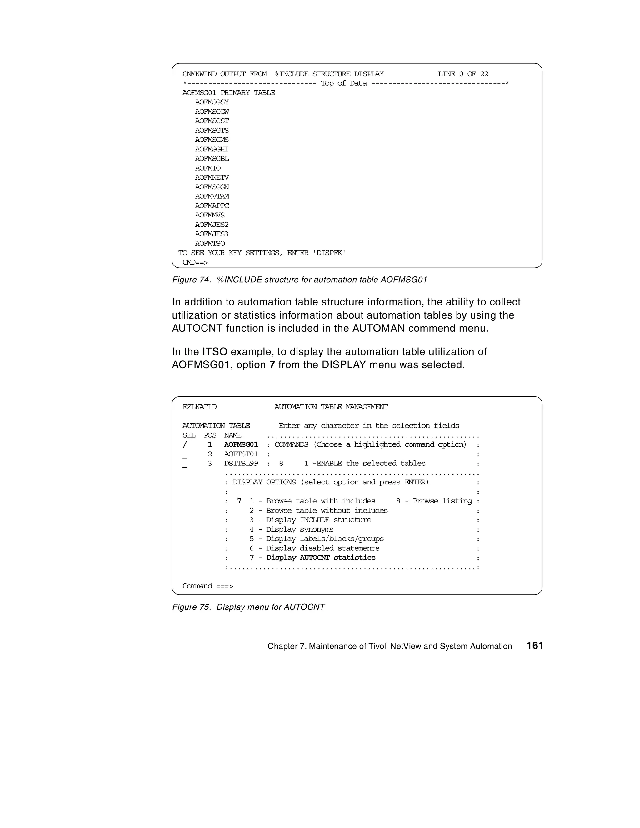 CNMKWIND OUTPUT FROM %INCLUDE STRUCTURE DISPLAY              LINE 0 OF 22
  *------------------------------- Top of Data --------------------------------*
  AOFMSG01 PRIMARY TABLE
     AOFMSGSY
     AOFMSGGW
     AOFMSGST
     AOFMSGTS
     AOFMSGMS
     AOFMSGHI
     AOFMSGBL
     AOFMIO
     AOFMNETV
     AOFMSGGN
     AOFMVTAM
     AOFMAPPC
     AOFMMVS
     AOFMJES2
     AOFMJES3
     AOFMTSO
 TO SEE YOUR KEY SETTINGS, ENTER 'DISPFK'
  CMD==>

Figure 74. %INCLUDE structure for automation table AOFMSG01

In addition to automation table structure information, the ability to collect
utilization or statistics information about automation tables by using the
AUTOCNT function is included in the AUTOMAN commend menu.

In the ITSO example, to display the automation table utilization of
AOFMSG01, option 7 from the DISPLAY menu was selected.


  EZLKATLD             AUTOMATION TABLE MANAGEMENT

  AUTOMATION TABLE       Enter any character in the selection fields
  SEL POS NAME        ...................................................
  /     1 AOFMSG01 : COMMANDS (Choose a highlighted command option) :
  _     2 AOFTST01 :                                                    :
  _     3 DSITBL99 : 8         1 -ENABLE the selected tables            :
            .............................................................
            : DISPLAY OPTIONS (select option and press ENTER)           :
            :                                                           :
            : 7 1 - Browse table with includes       8 - Browse listing :
            :     2 - Browse table without includes                     :
            :     3 - Display INCLUDE structure                         :
            :     4 - Display synonyms                                  :
            :     5 - Display labels/blocks/groups                      :
            :     6 - Display disabled statements                       :
            :     7 - Display AUTOCNT statistics                        :
            :...........................................................:

  Command ===>

Figure 75. Display menu for AUTOCNT



                      Chapter 7. Maintenance of Tivoli NetView and System Automation   161
 